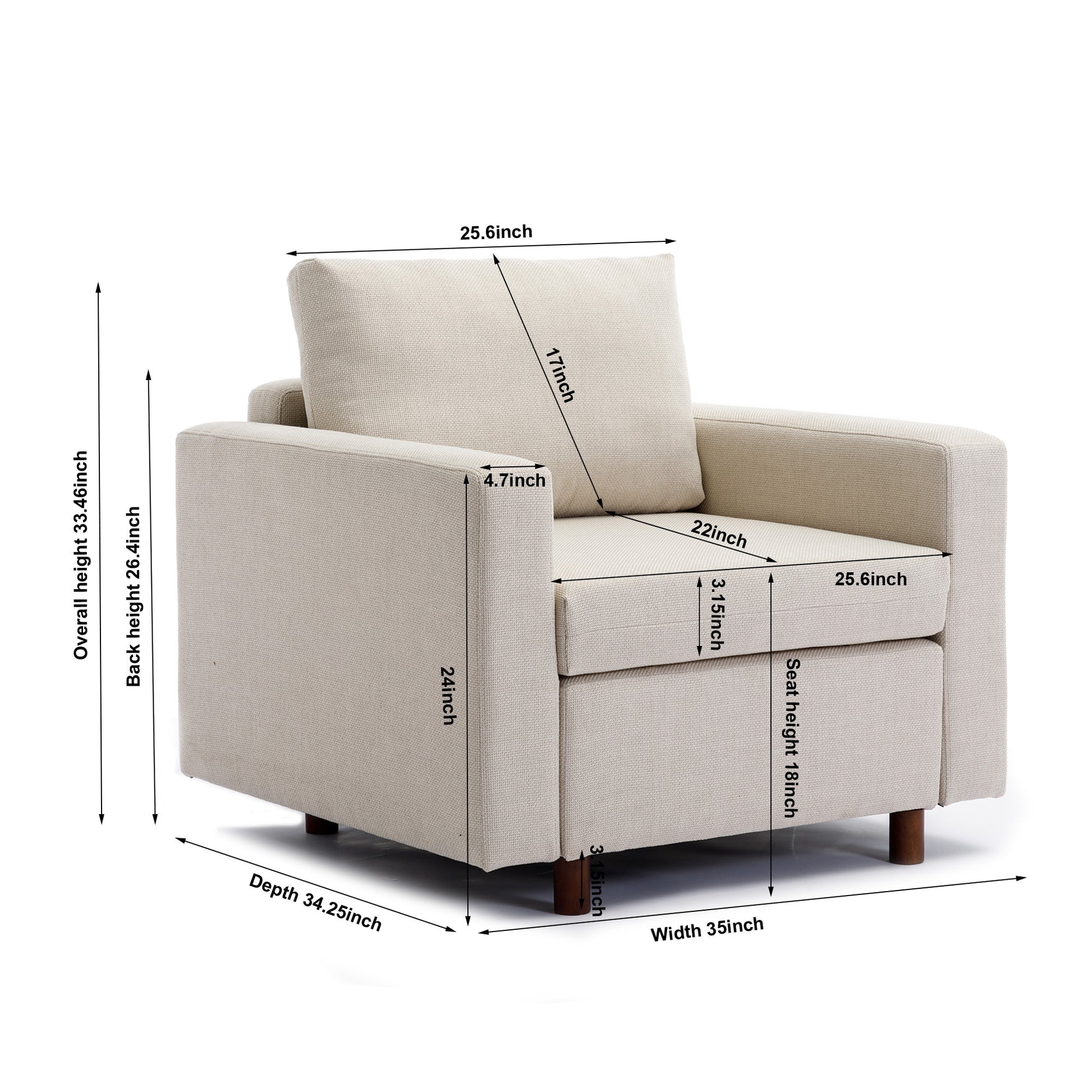 Single Seat Module Sofa Sectional Couch With Armrest With 1 Ottoman,Cushion Covers Non Removable And Non Washable,Cream Cream Wood Primary Living Space Soft Modern Rubberwood Foam Linen 1 Seat