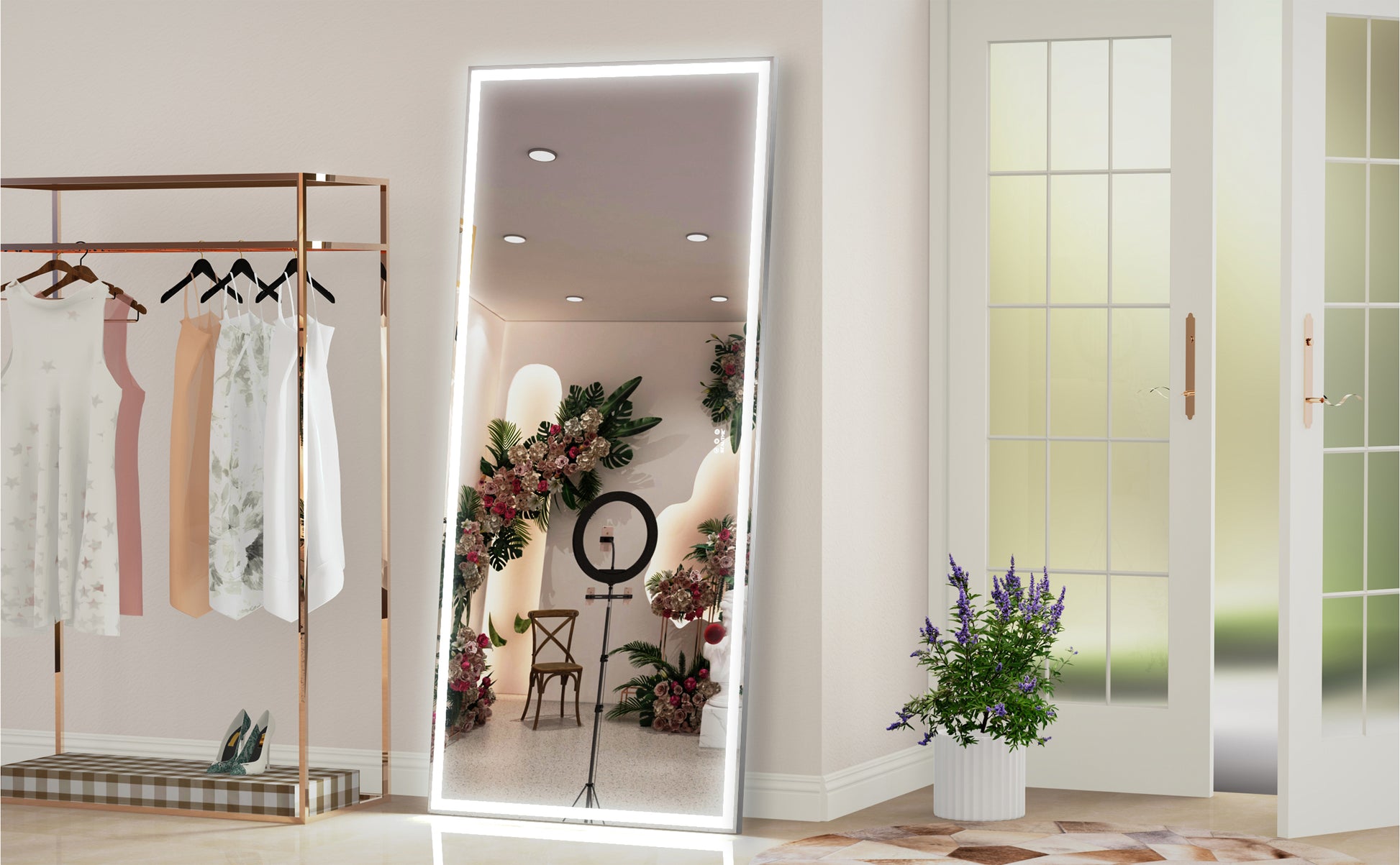 72X32 Inch Oversized Led Bathroom Mirror Wall Mounted Mirror With 3 Color Modes Aluminum Frame Wall Mirror Large Full Length Mirror With Lights Lighted Full Body Mirror For Bedroom Living Room