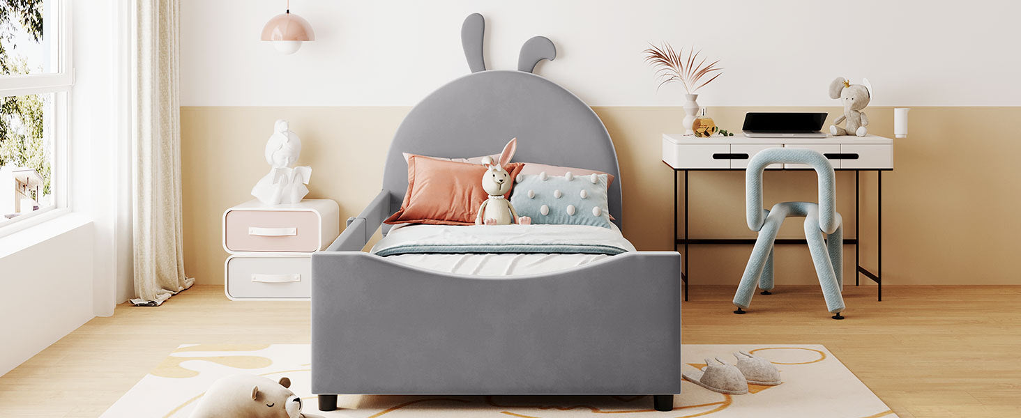 Twin Size Upholstered Daybed With Rabbit Ear Shaped Headboard, Gray Gray Velvet