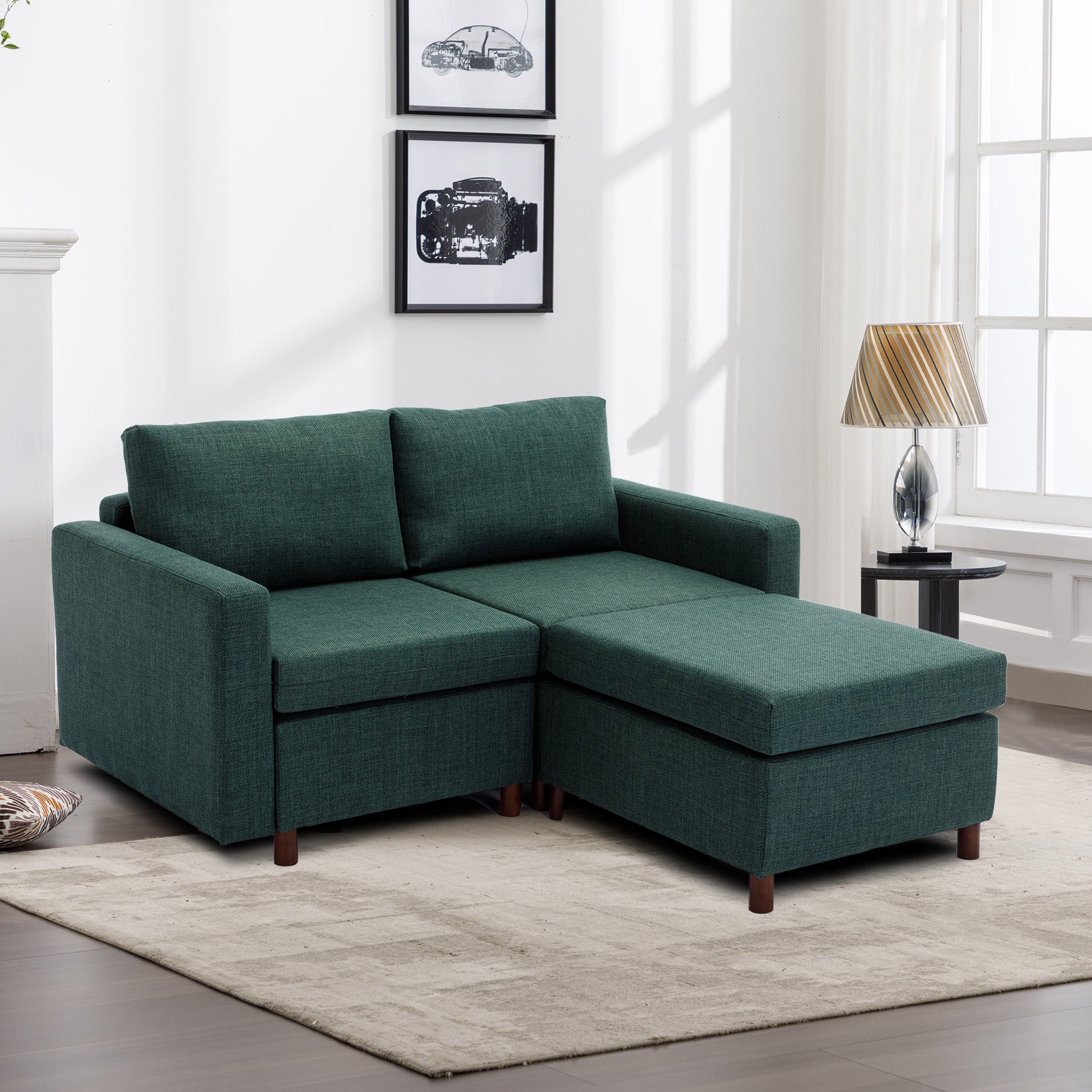 2 Seat Module Sectional Sofa Couch With 1 Ottoman For Living Room,Seat Cushion And Back Cushion Non Removable And Non Washable,Green Green Wood Primary Living Space Soft Modern Rubberwood Foam Linen 2 Seat