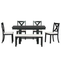 Farmhouse 82Inch 6 Piece Extendable Dining Table With Footrest, 4 Upholstered Dining Chairs And Dining Bench, Two 11