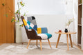 Modern Patchwork Accent Chair With Solid Wood Armrest And Feet, Mid Century Modern Accent Sofa, Fabric Sofa Chair For Living Room Bedroom Studio, Comfy Side Armchair For Bed Antique Blue Foam Linen