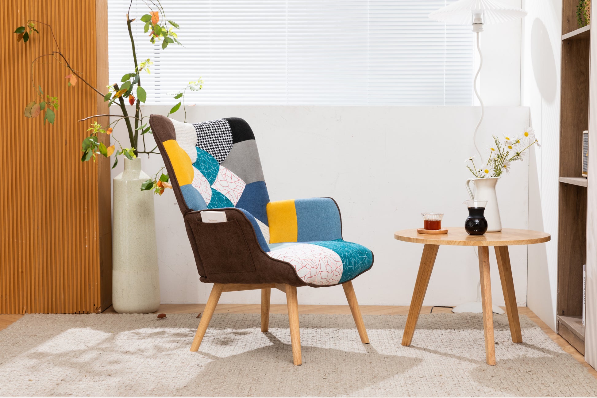 Modern Patchwork Accent Chair With Solid Wood Armrest And Feet, Mid Century Modern Accent Sofa, Fabric Sofa Chair For Living Room Bedroom Studio, Comfy Side Armchair For Bed Antique Blue Foam Linen