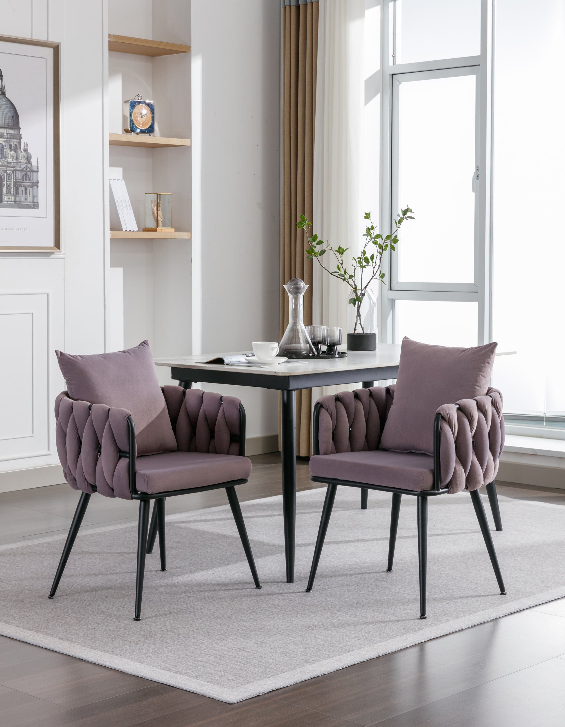 Pure Purple Modern Velvet Dining Chairs Set Of 2 Hand Weaving Accent Chairs Living Room Chairs Upholstered Side Chair With Black Metal Legs For Dining Room Kitchen Vanity Living Room Purple Velvet