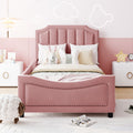 Twin Size Upholstered Daybed With Classic Stripe Shaped Headboard, Pink Pink Velvet