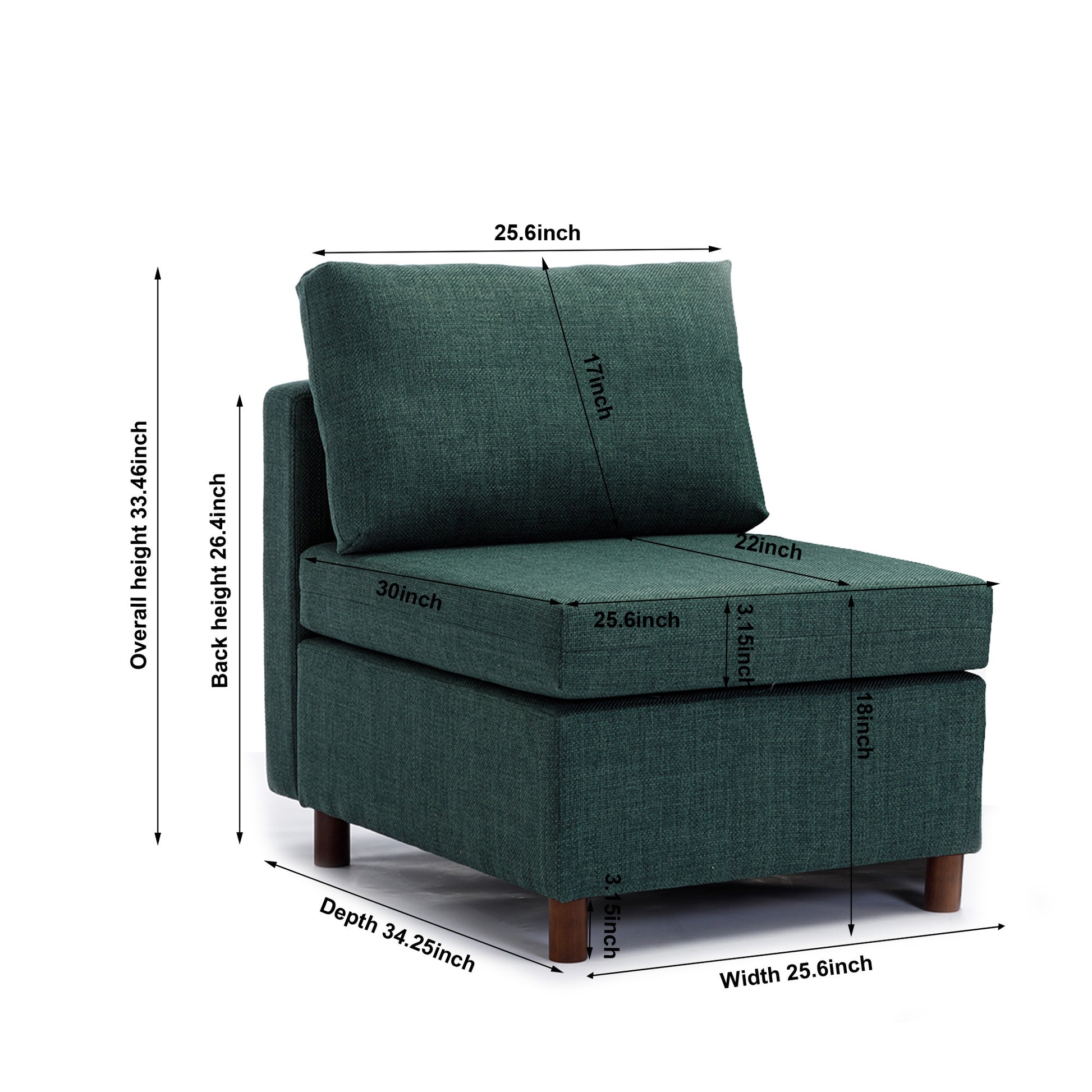 Middle Module Fabric Linen For Modular Sofa Sectional Sofa Couch Accent Armless Chair, Cushion Covers Non Removable And Non Washable,Green Green Wood Primary Living Space Soft Cushion Back Modern Rubberwood Armless Foam Linen 1 Seat