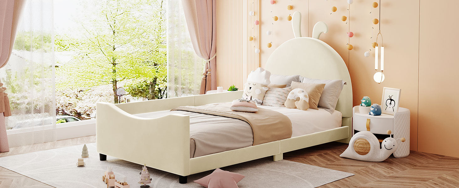 Twin Size Upholstered Daybed With Rabbit Ear Shaped Headboard, Beige Beige Velvet