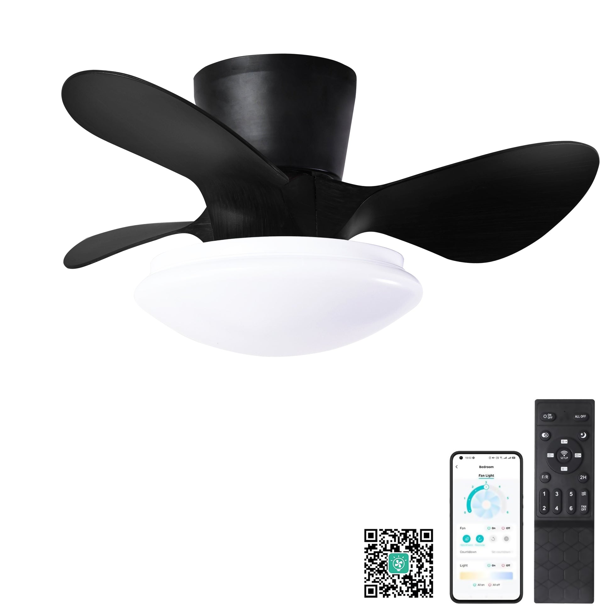 24" Modern Ceiling Fan With Light And Remote,Low Profile Flush Mount Ceiling Fans Indoor,Small Fandelier Ceiling Fans With Dimmable Led Light Fixture For Bedroom Kitchen Black Matt Black Abs Steel Q235