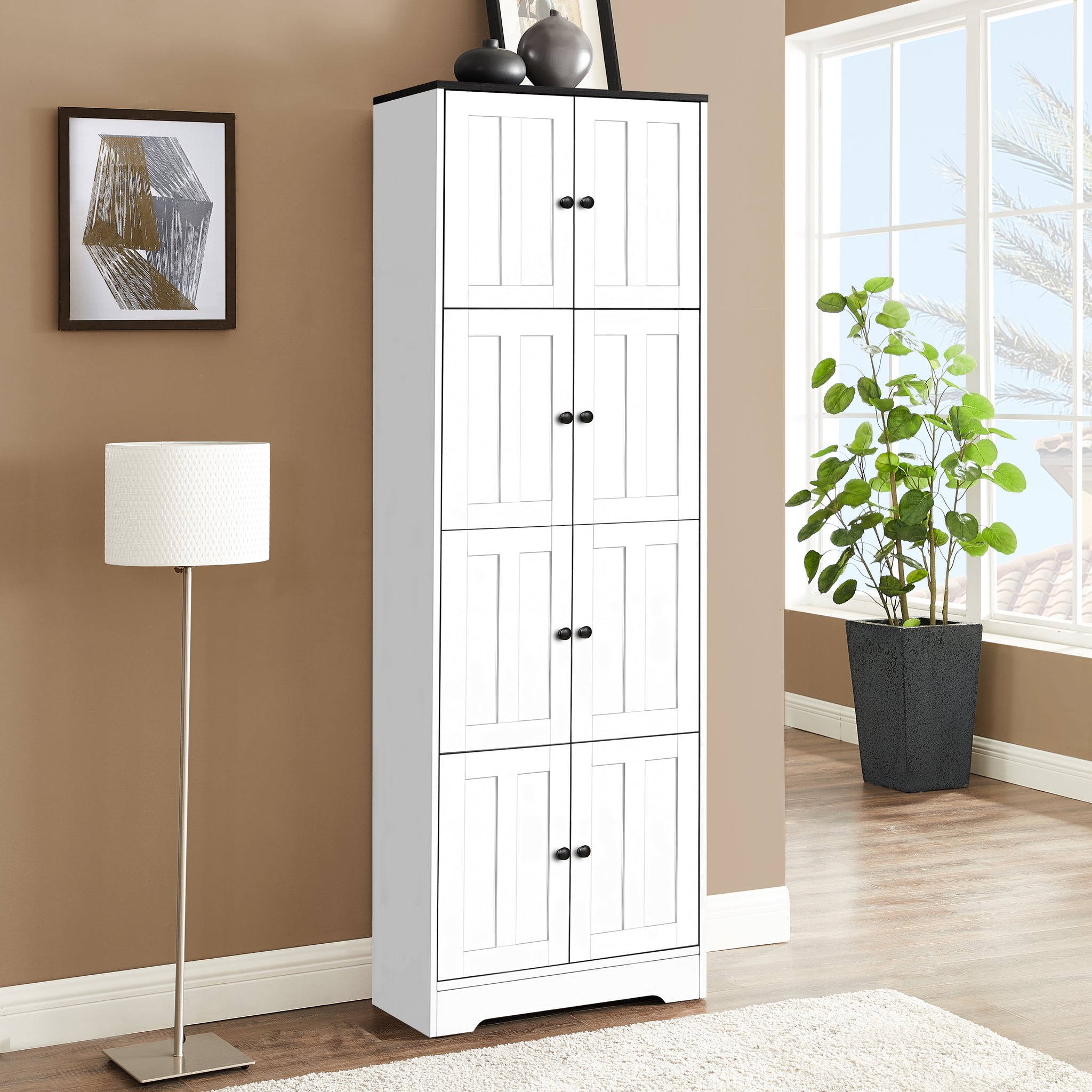 Tall Storage Cabinet With 8 Doors And 4 Shelves, Wall Storage Cabinet For Living Room, Kitchen, Office, Bedroom, Bathroom, White White Mdf