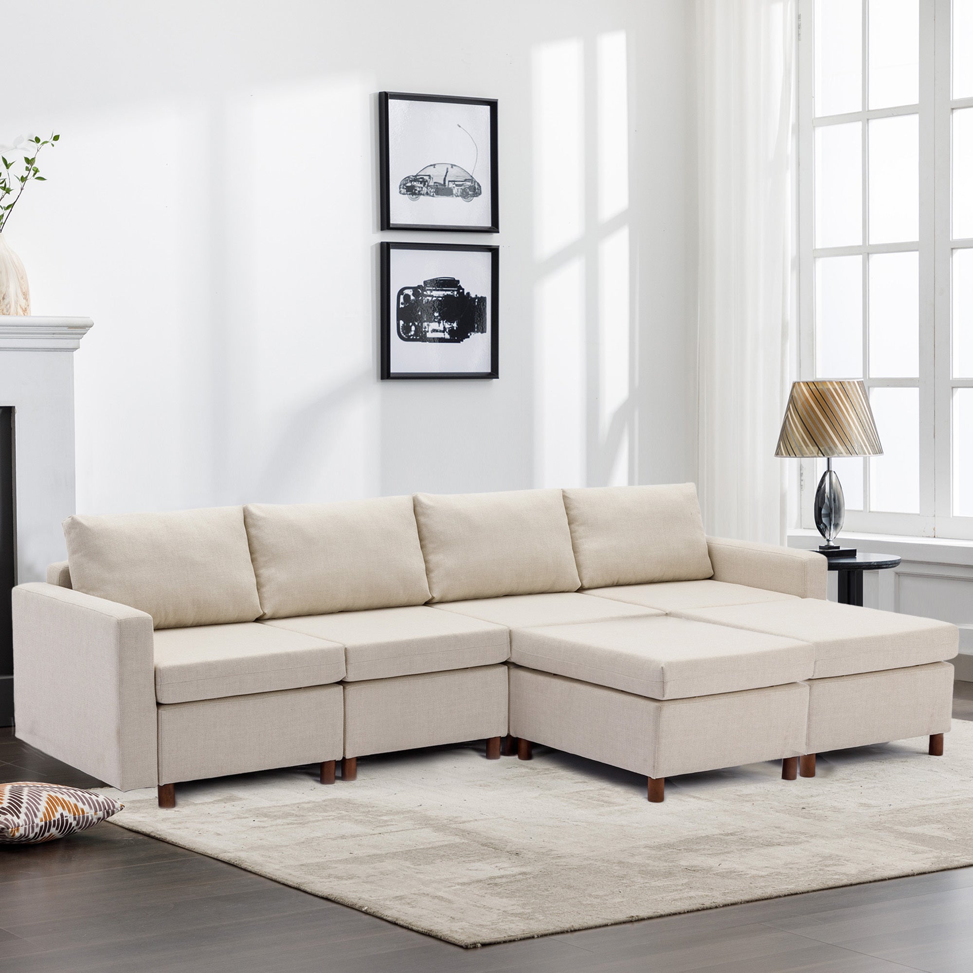 4 Seat Module Sectional Sofa Couch With 2 Ottoman For Living Room,Seat Cushion And Back Cushion Non Removable And Non Washable,Cream Cream Wood Primary Living Space Soft Modern Rubberwood Foam Linen 4 Seat