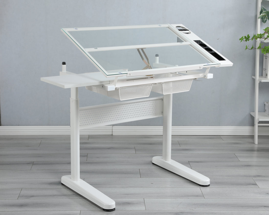 Hand Crank Adjustable Drafting Table Drawing Desk With 2 Metal Drawers White With Stool White Tempered Glass Sheet Metal Plastic