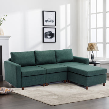 3 Seat Module Sectional Sofa Couch With 1 Ottoman For Living Room,Seat Cushion And Back Cushion Non Removable And Non Washable,Green Green Wood Primary Living Space Soft Modern Rubberwood Foam Linen 3 Seat