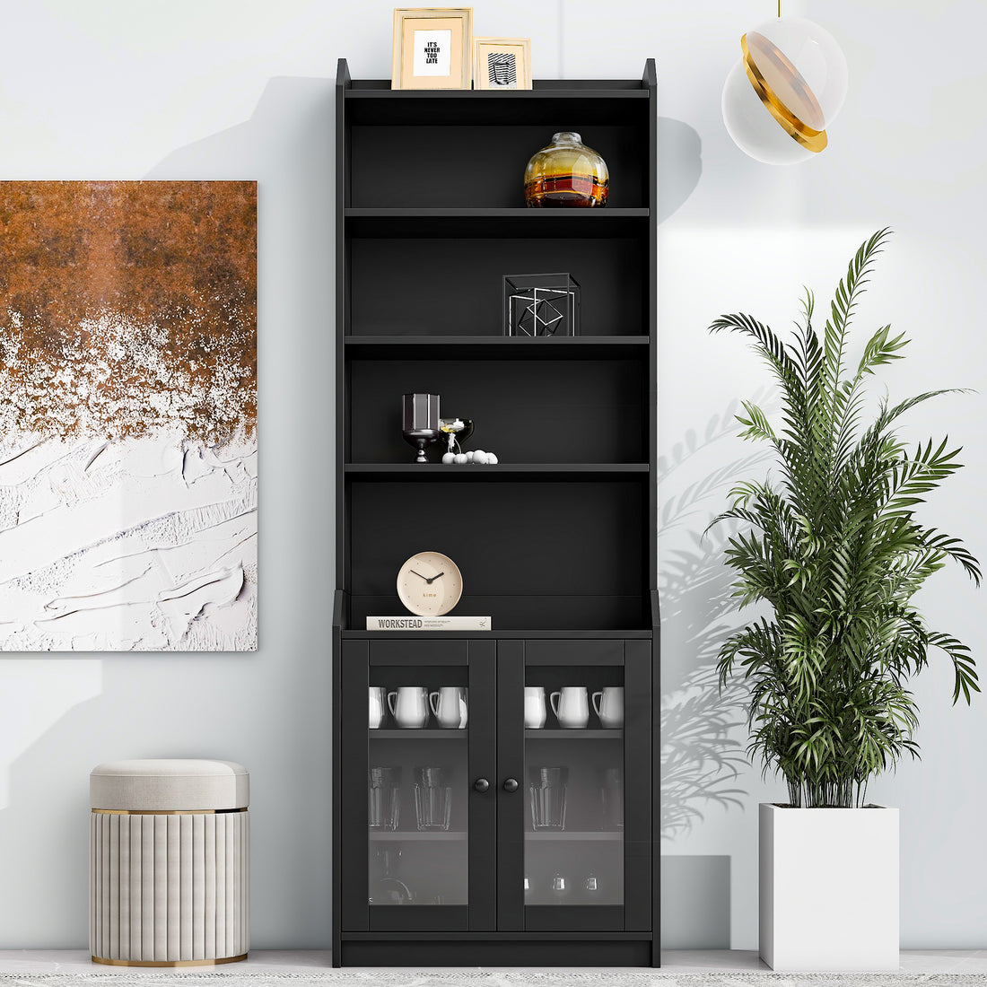 Elegant Tall Cabinet With Acrylic Board Door, Versatile Sideboard With Graceful Curves, Contemporary Bookshelf With Adjustable Shelves For Living Room, Black Freestanding 5 Or More Shelves Black Primary Living Space Open Storage Space Particle Board