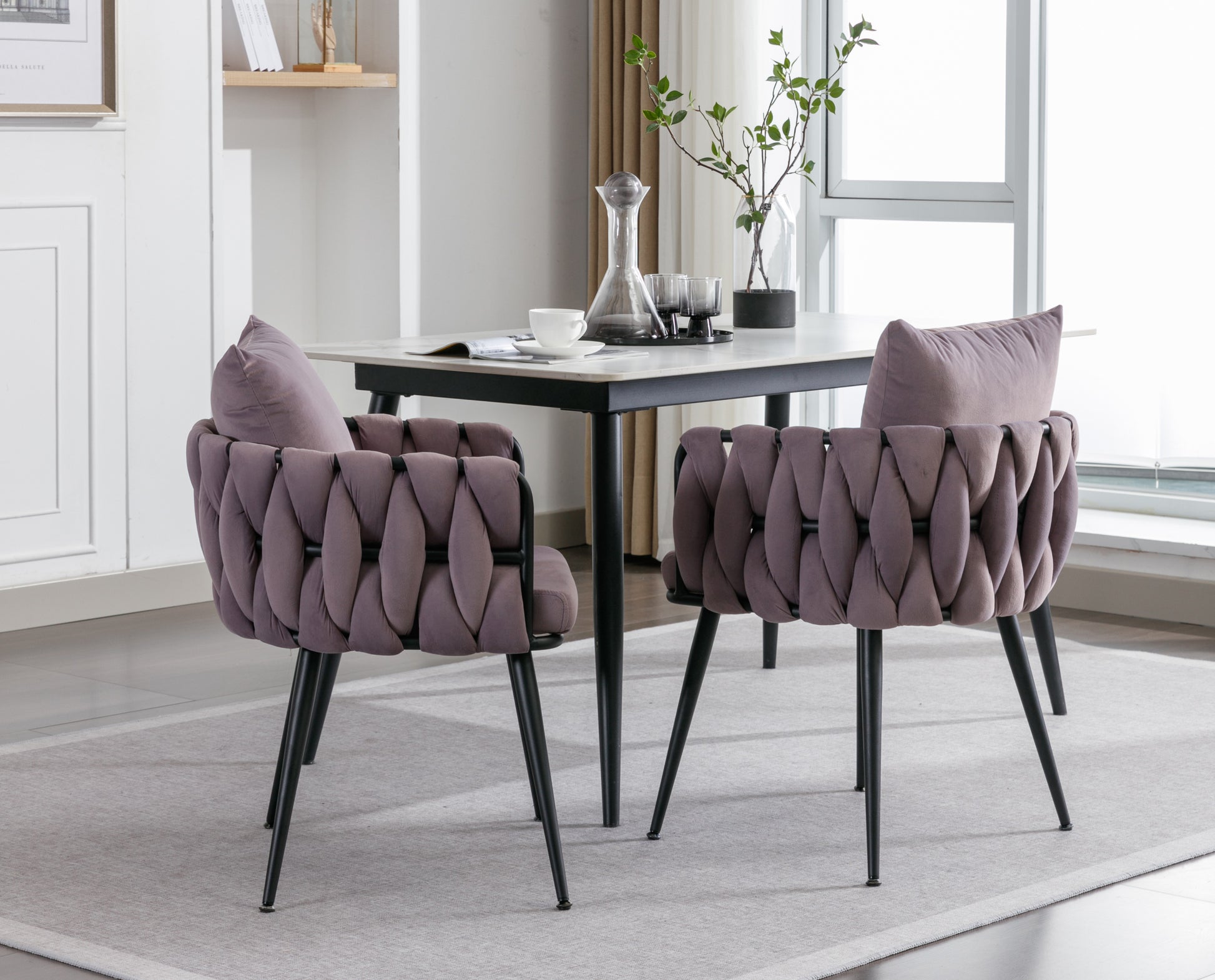 Pure Purple Modern Velvet Dining Chairs Set Of 2 Hand Weaving Accent Chairs Living Room Chairs Upholstered Side Chair With Black Metal Legs For Dining Room Kitchen Vanity Living Room Purple Velvet