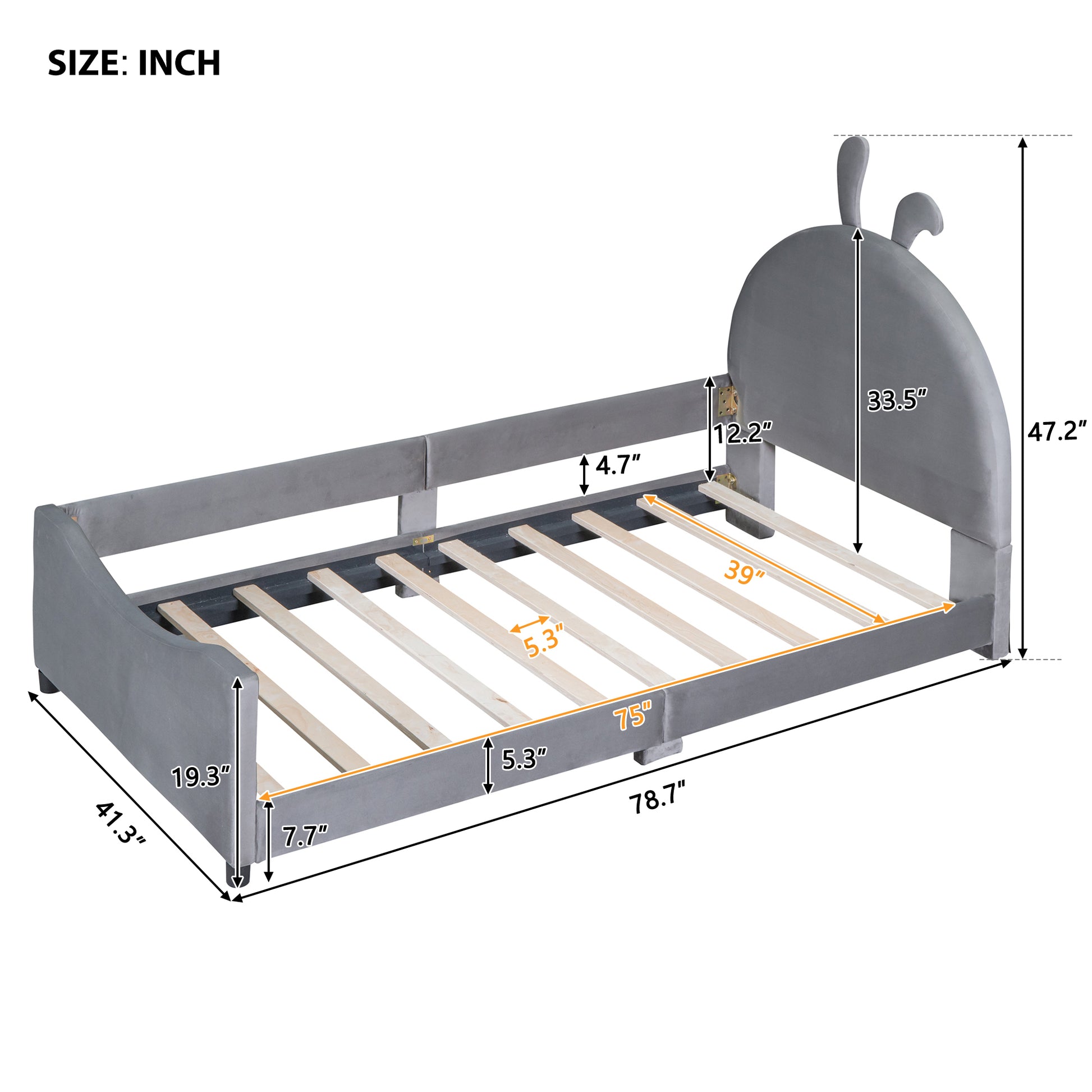 Twin Size Upholstered Daybed With Rabbit Ear Shaped Headboard, Gray Gray Velvet