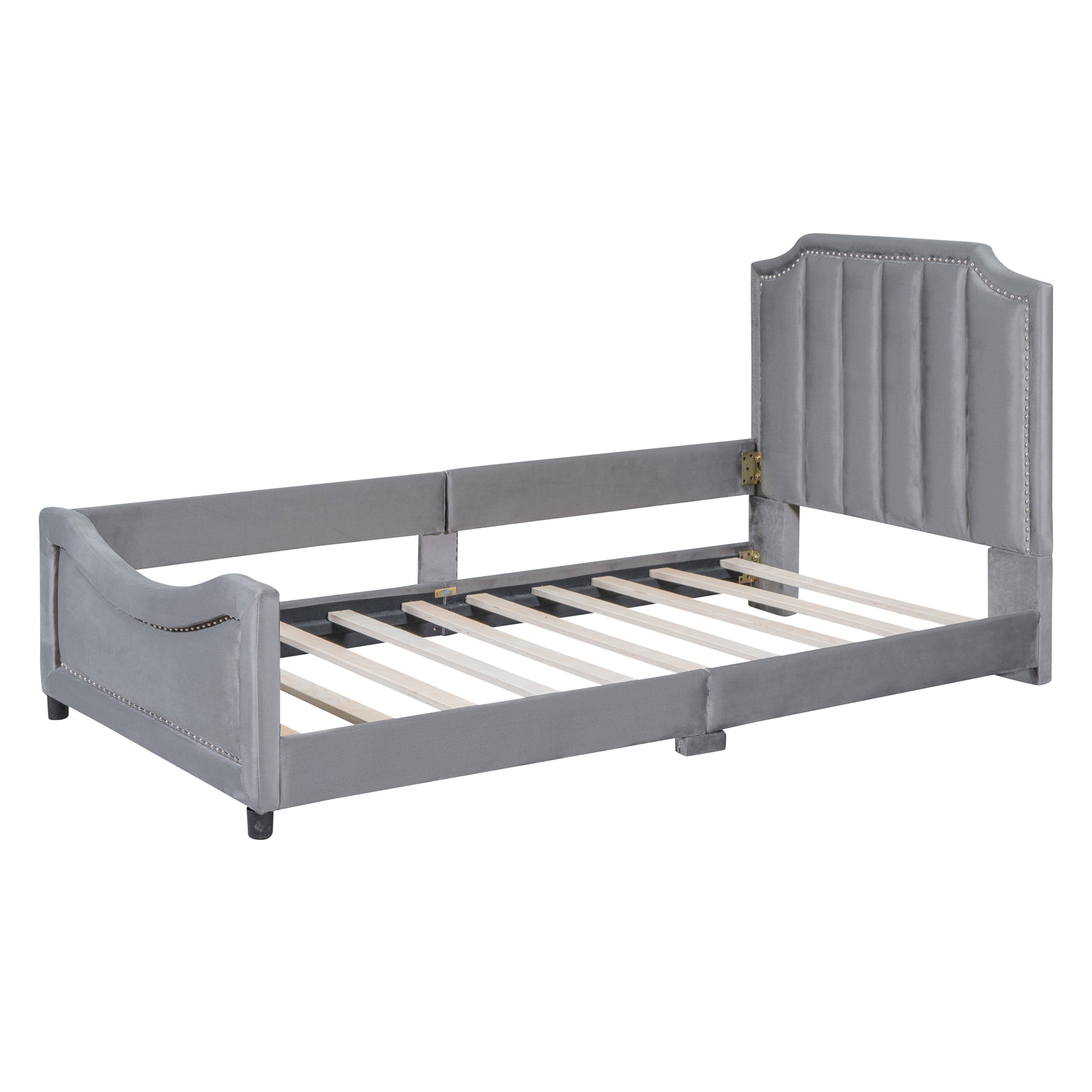 Twin Size Upholstered Daybed With Classic Stripe Shaped Headboard, Gray Gray Velvet