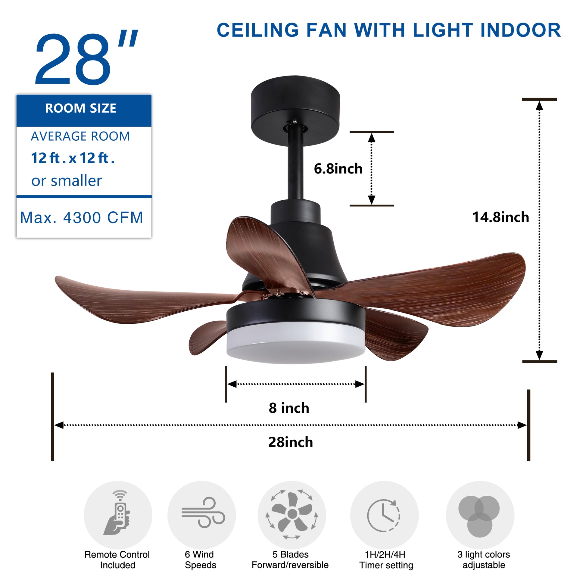 28 Lnch Ceiling Fan With Lights Remote Control, Small Ceiling Fan Flush Mount, 5 Reversible Blades, Low Profile Ceiling Fan Light With 6 Speeds 3 Colors For Bedroom Kitchen Matt Black Abs Steel Q235