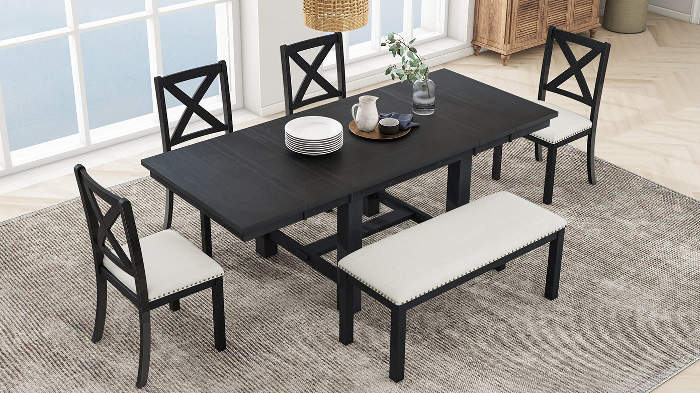 Farmhouse 82Inch 6 Piece Extendable Dining Table With Footrest, 4 Upholstered Dining Chairs And Dining Bench, Two 11"Removable Leaf, Black Beige Cushion Wood Dining Room Bench Seating Acacia