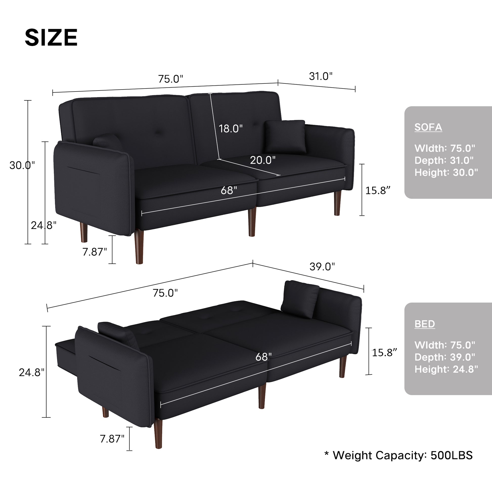 Convertible Sofa Bed With Wood Legs In Cotton Linen Fabric Black Black Foam Fabric