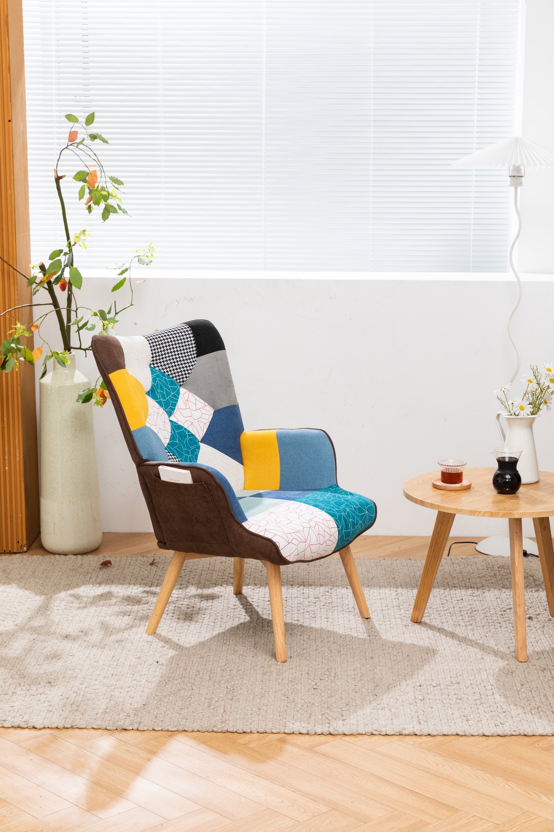 Modern Patchwork Accent Chair With Solid Wood Armrest And Feet, Mid Century Modern Accent Sofa, Fabric Sofa Chair For Living Room Bedroom Studio, Comfy Side Armchair For Bed Antique Blue Foam Linen