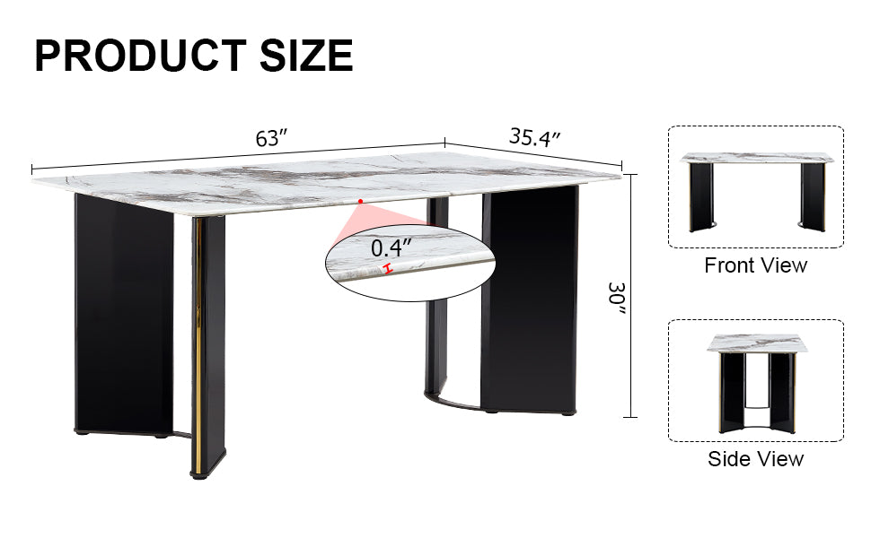 Table And Chair Set. 1 Table And 4 Chairs. Rectangular Dining Table, White Imitation Marble Tabletop, Mdf Table Legs With Gold Metal Decorative Strips. Black Chair. Hh 1162 White Mdf Glass