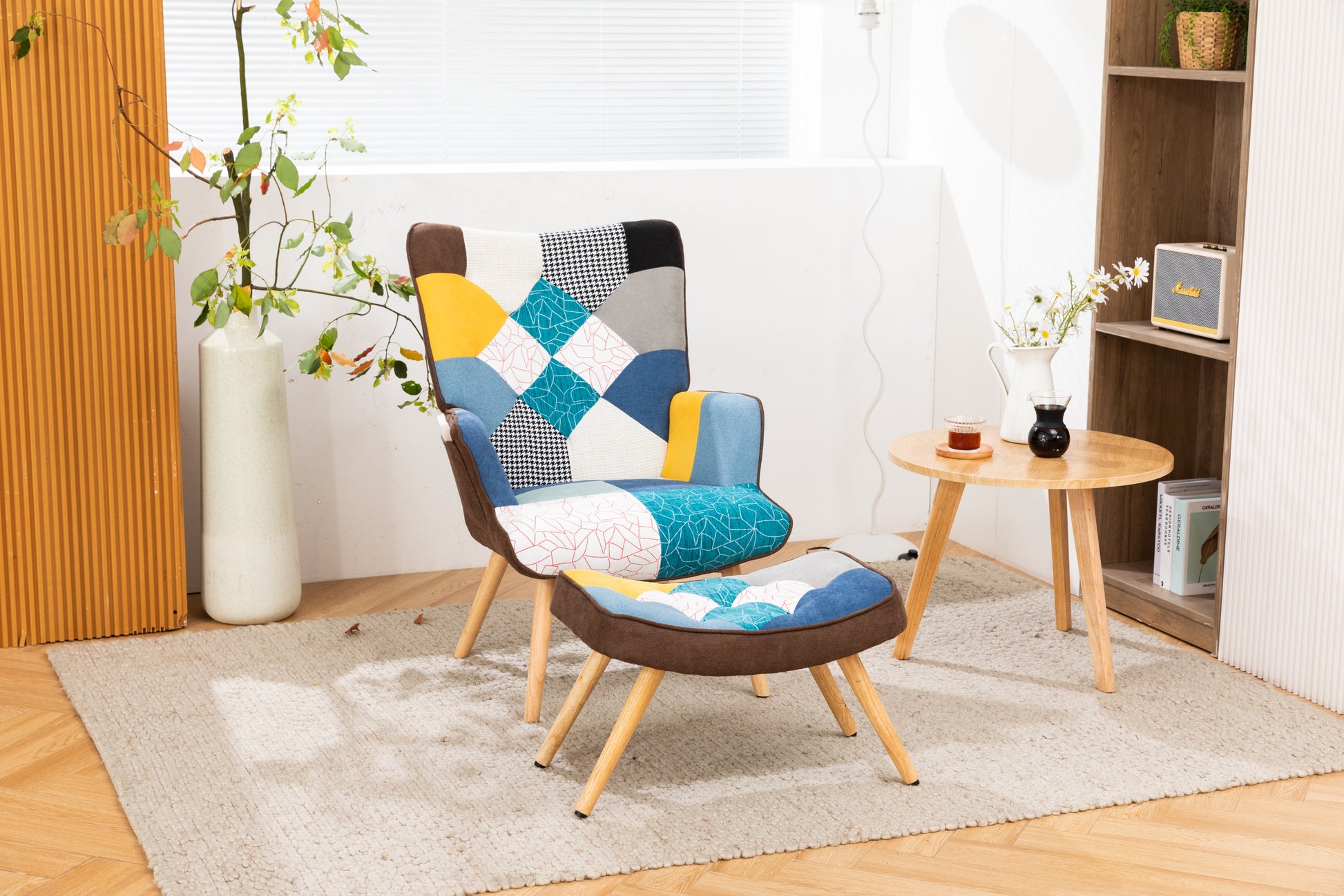 Modern Patchwork Accent Chair With Solid Wood Armrest And Feet, Mid Century Modern Accent Sofa, Fabric Sofa Chair For Living Room Bedroom Studio, Comfy Side Armchair For Bed Antique Blue Foam Linen