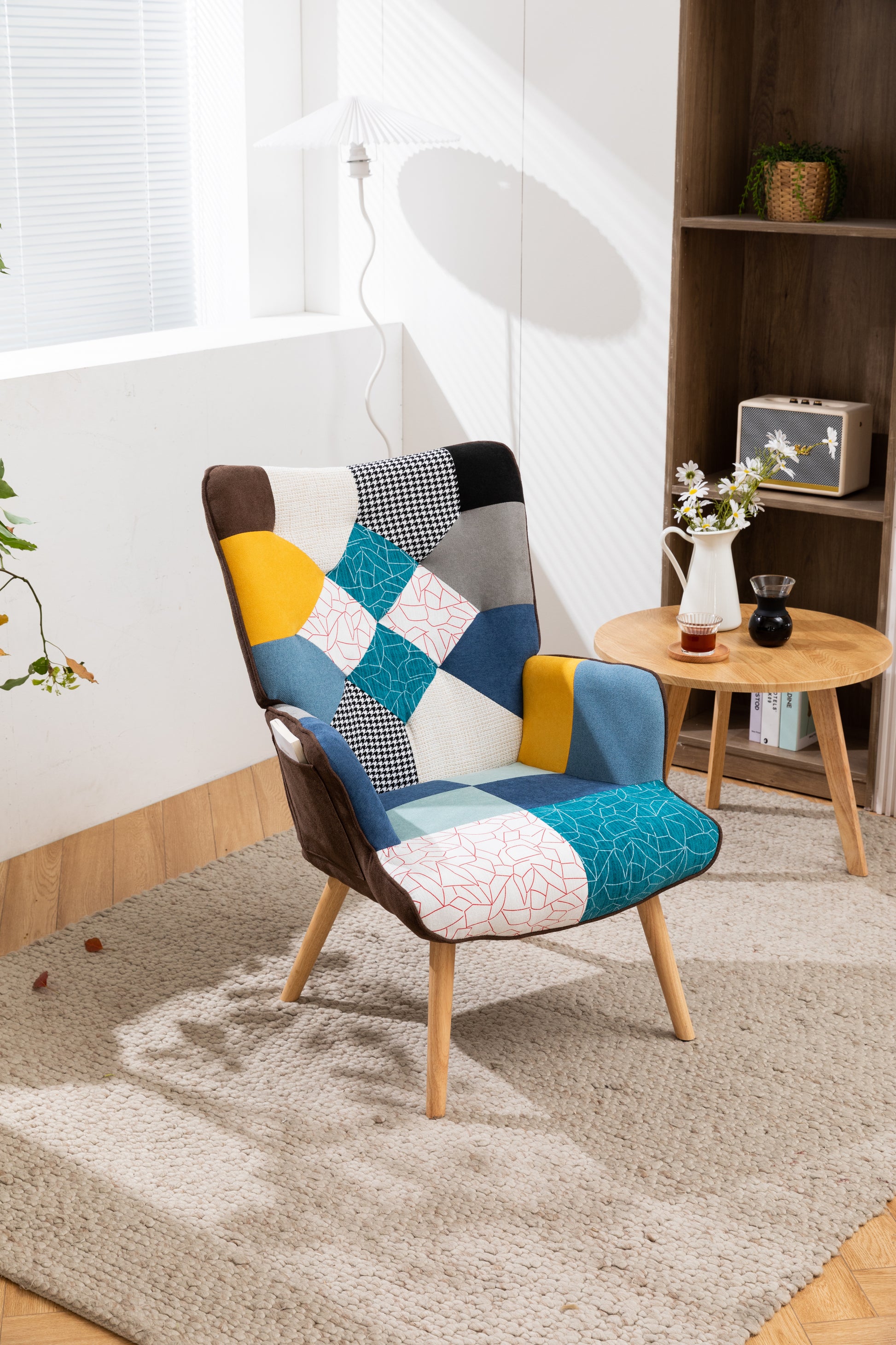 Modern Patchwork Accent Chair With Solid Wood Armrest And Feet, Mid Century Modern Accent Sofa, Fabric Sofa Chair For Living Room Bedroom Studio, Comfy Side Armchair For Bed Antique Blue Foam Linen