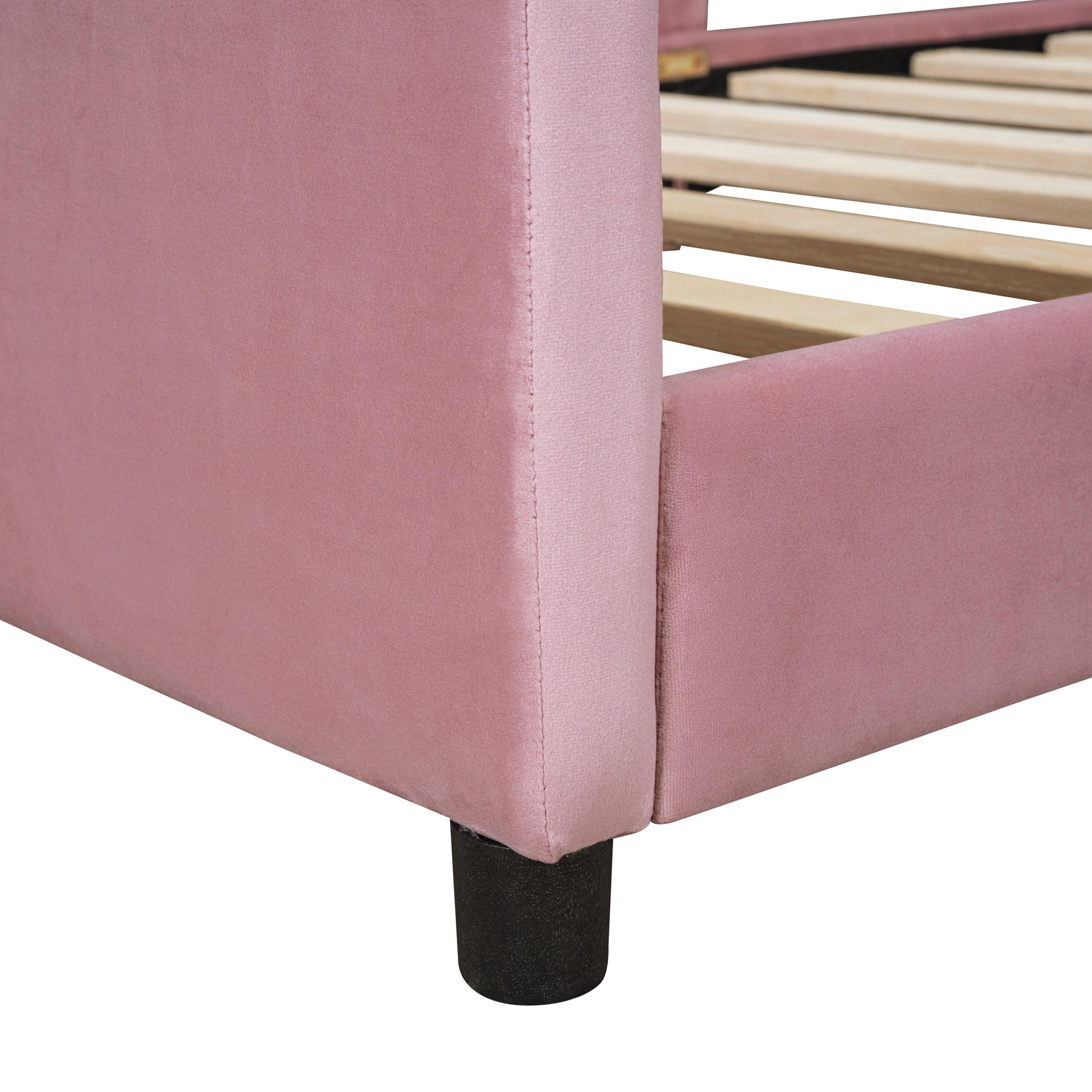 Twin Size Upholstered Daybed With Rabbit Ear Shaped Headboard, Pink Pink Velvet