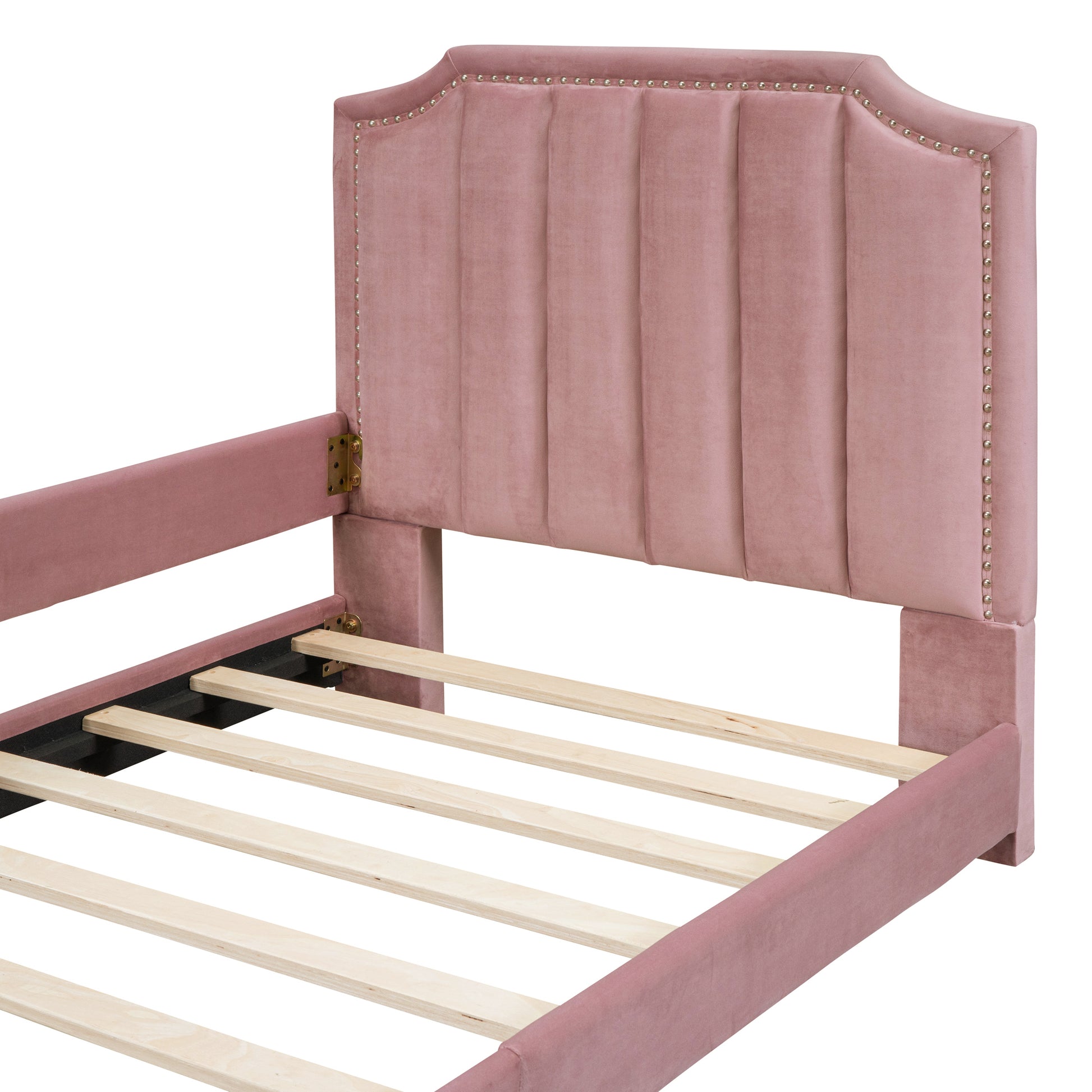 Twin Size Upholstered Daybed With Classic Stripe Shaped Headboard, Pink Pink Velvet