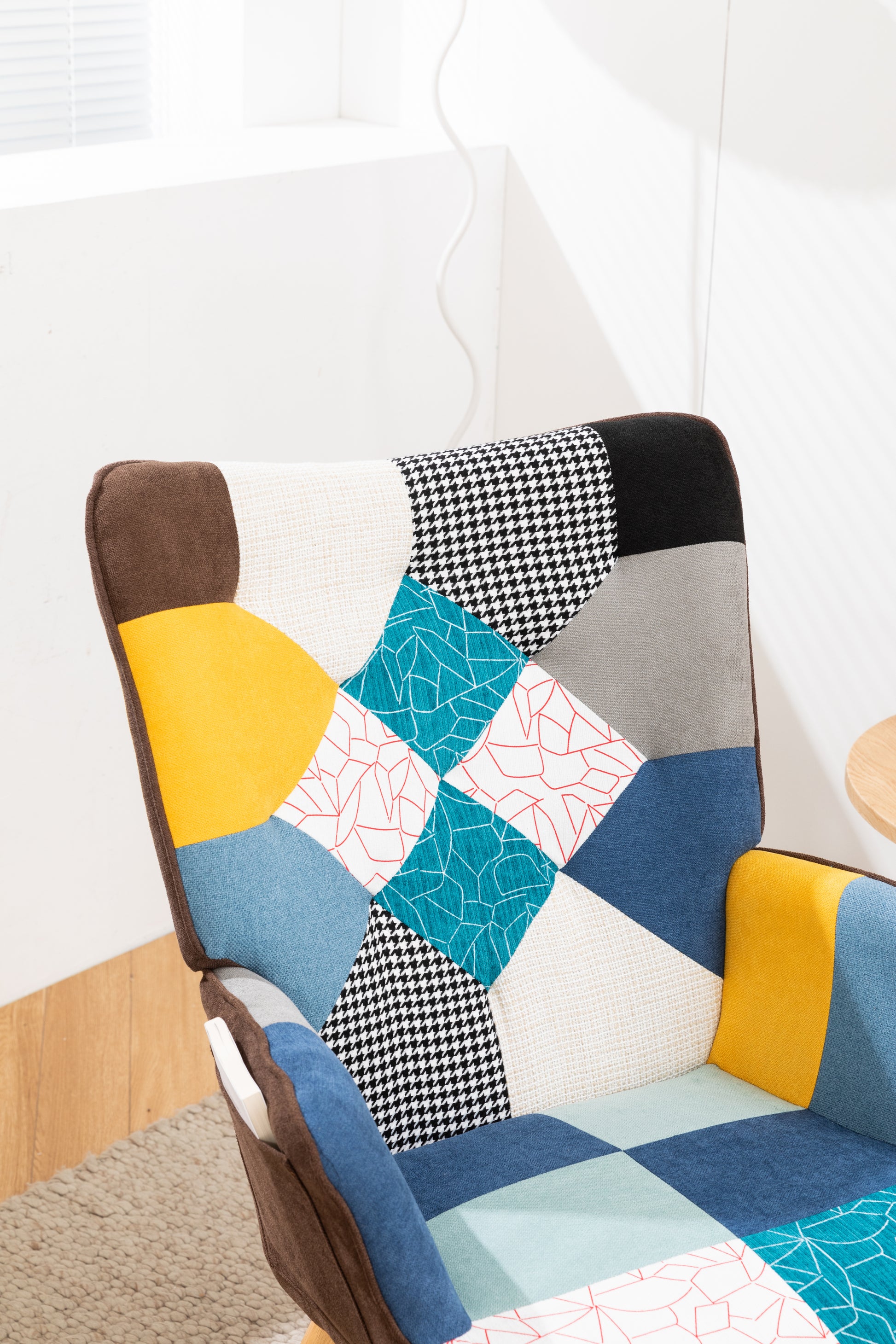 Modern Patchwork Accent Chair With Solid Wood Armrest And Feet, Mid Century Modern Accent Sofa, Fabric Sofa Chair For Living Room Bedroom Studio, Comfy Side Armchair For Bed Antique Blue Foam Linen