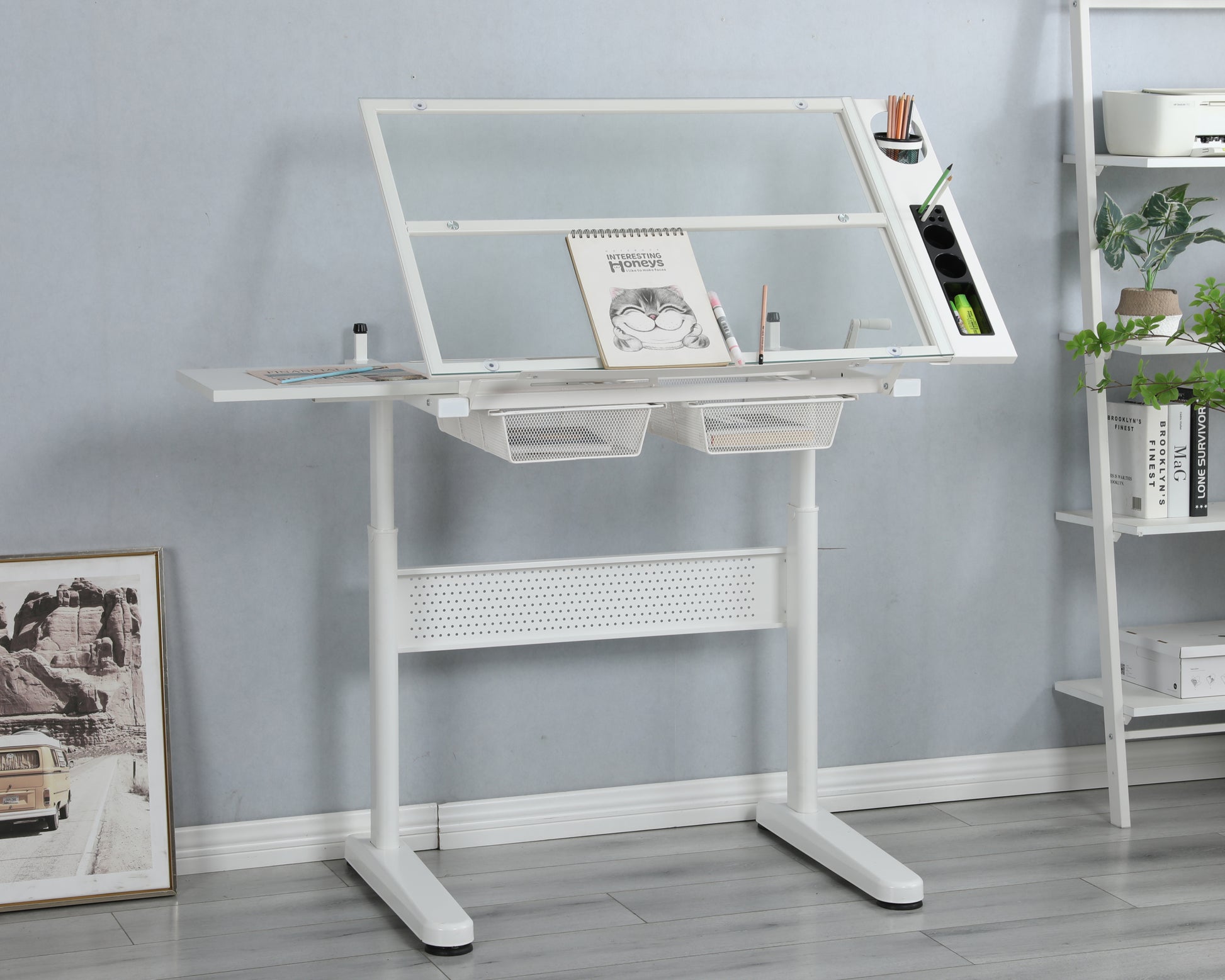 Hand Crank Adjustable Drafting Table Drawing Desk With 2 Metal Drawers White With Stool White Glass Metal