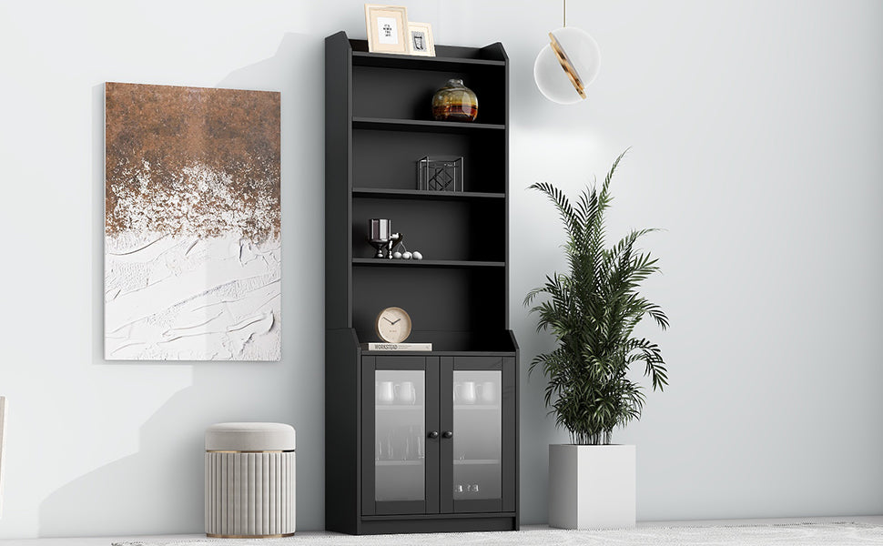 Elegant Tall Cabinet With Acrylic Board Door, Versatile Sideboard With Graceful Curves, Contemporary Bookshelf With Adjustable Shelves For Living Room, Black Freestanding 5 Or More Shelves Black Primary Living Space Open Storage Space Particle Board