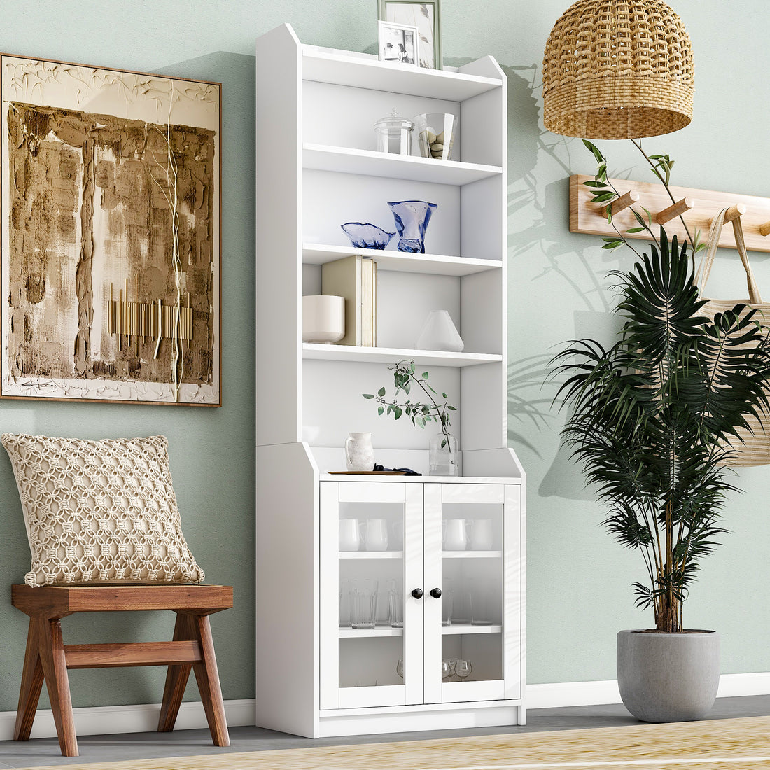 Elegant Tall Cabinet With Acrylic Board Door, Versatile Sideboard With Graceful Curves, Contemporary Bookshelf With Adjustable Shelves For Living Room, White Freestanding 5 Or More Shelves White Primary Living Space Open Storage Space Particle Board