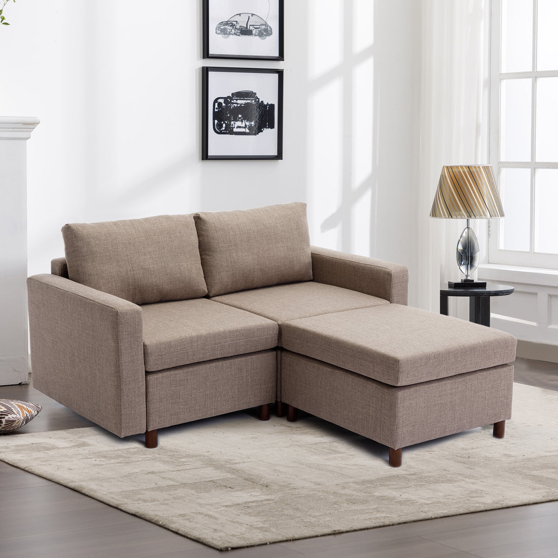 2 Seat Module Sectional Sofa Couch With 1 Ottoman For Living Room,Seat Cushion And Back Cushion Non Removable And Non Washable,Brown Brown Wood Primary Living Space Soft Modern Rubberwood Foam Linen 2 Seat