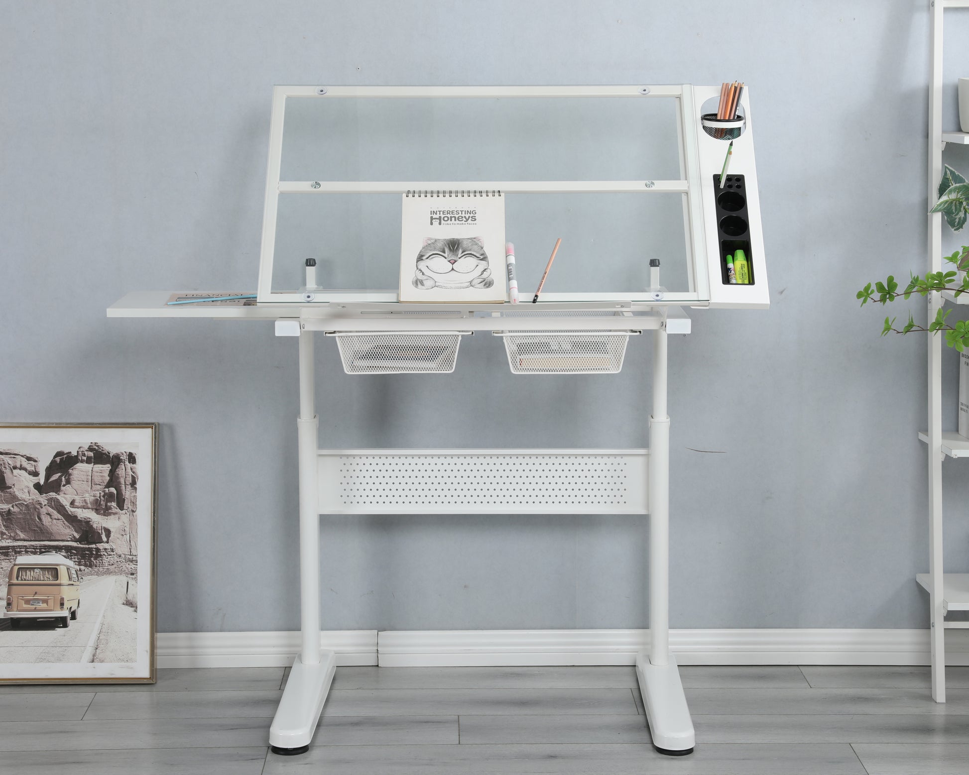 Hand Crank Adjustable Drafting Table Drawing Desk With 2 Metal Drawers White With Stool White Glass Metal