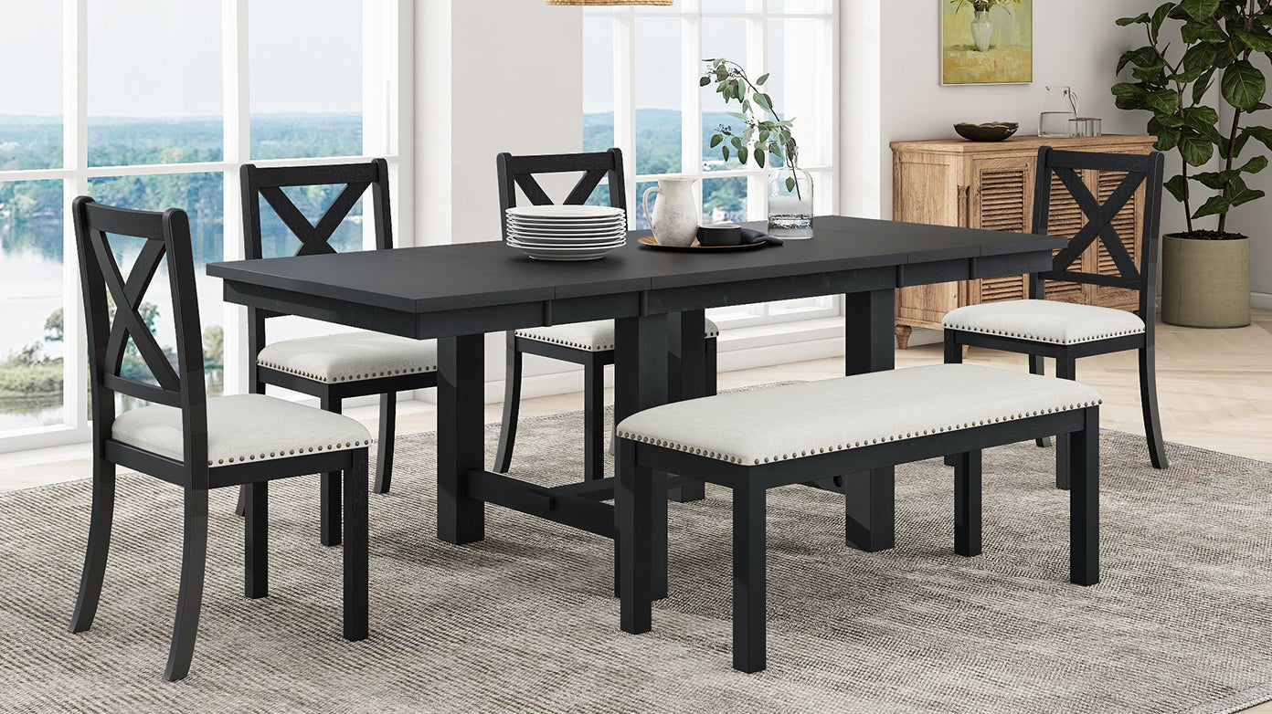 Farmhouse 82Inch 6 Piece Extendable Dining Table With Footrest, 4 Upholstered Dining Chairs And Dining Bench, Two 11"Removable Leaf, Black Beige Cushion Wood Dining Room Bench Seating Acacia