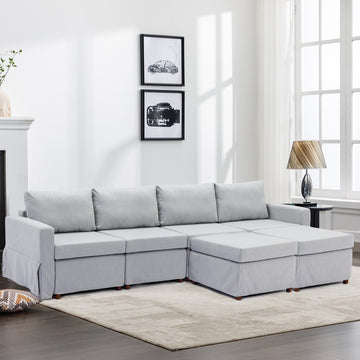 4 Seat Module Sectional Sofa Couch With 2 Ottoman,Seat Cushion And Back Cushion Removable And Washable,Light Grey Light Grey Wood Primary Living Space Soft Modern Rubberwood Foam Linen 4 Seat