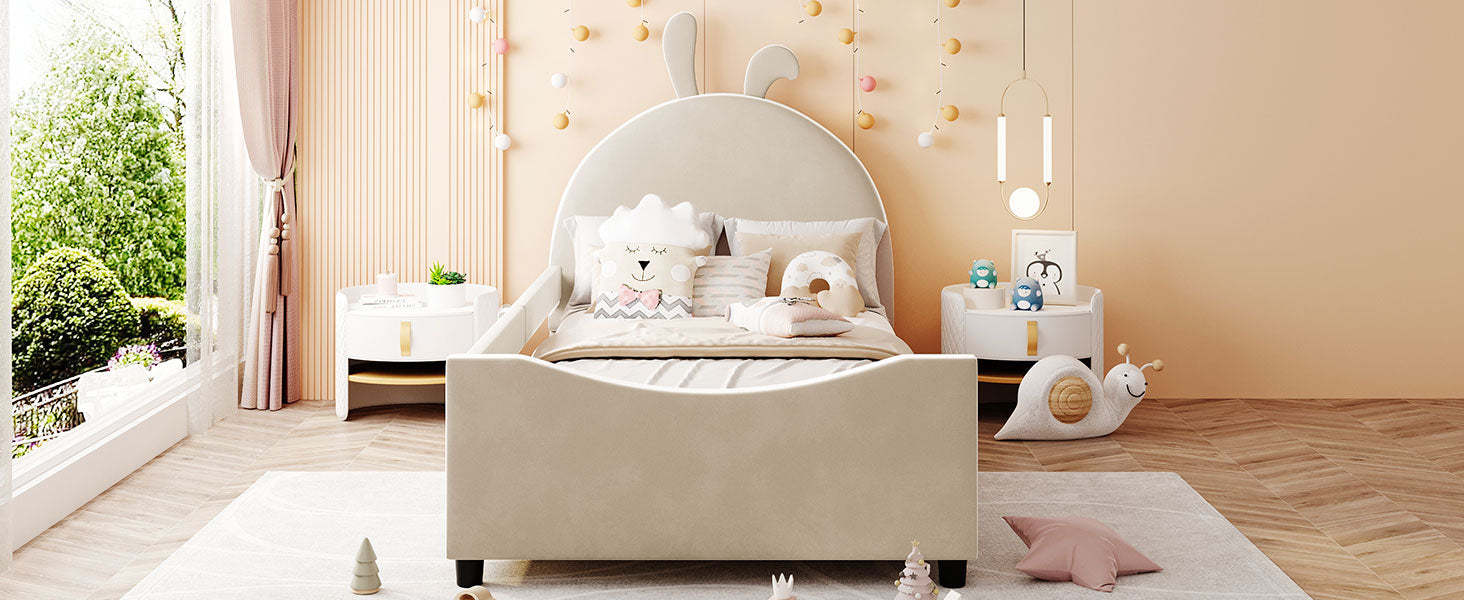 Twin Size Upholstered Daybed With Rabbit Ear Shaped Headboard, Beige Beige Velvet