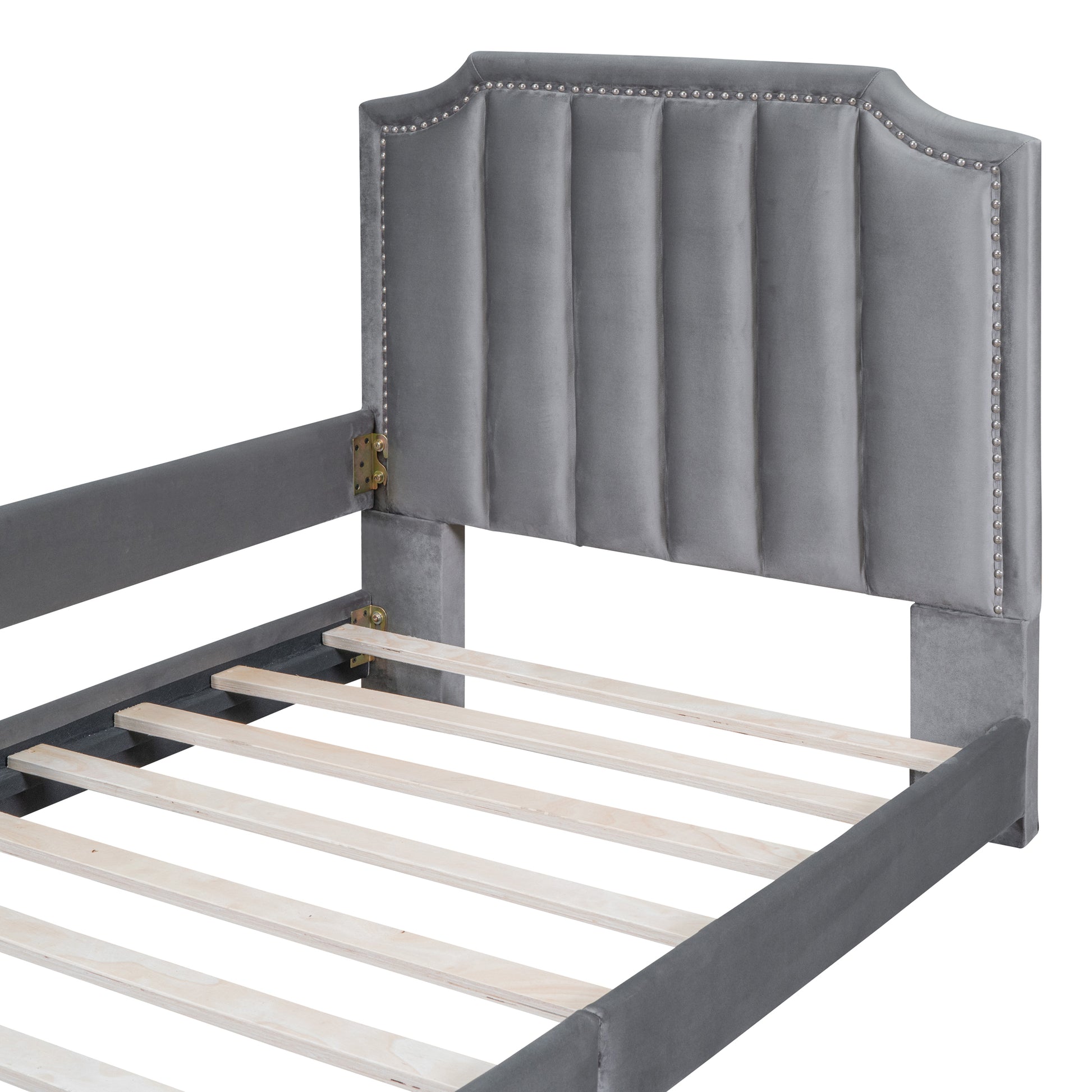 Twin Size Upholstered Daybed With Classic Stripe Shaped Headboard, Gray Gray Velvet