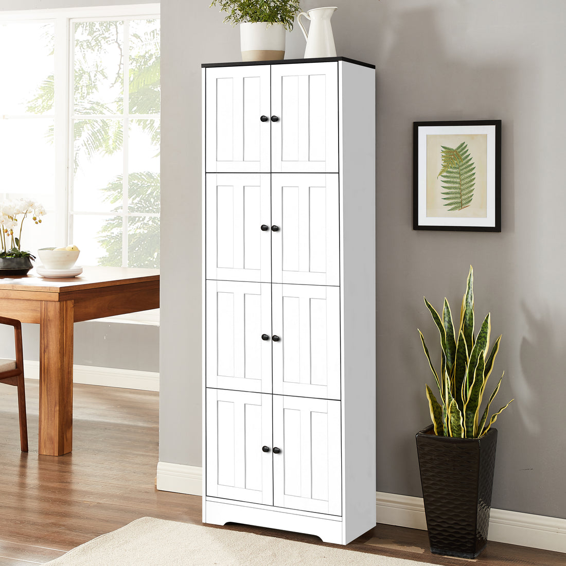 Tall Storage Cabinet With 8 Doors And 4 Shelves, Wall Storage Cabinet For Living Room, Kitchen, Office, Bedroom, Bathroom, White White Mdf