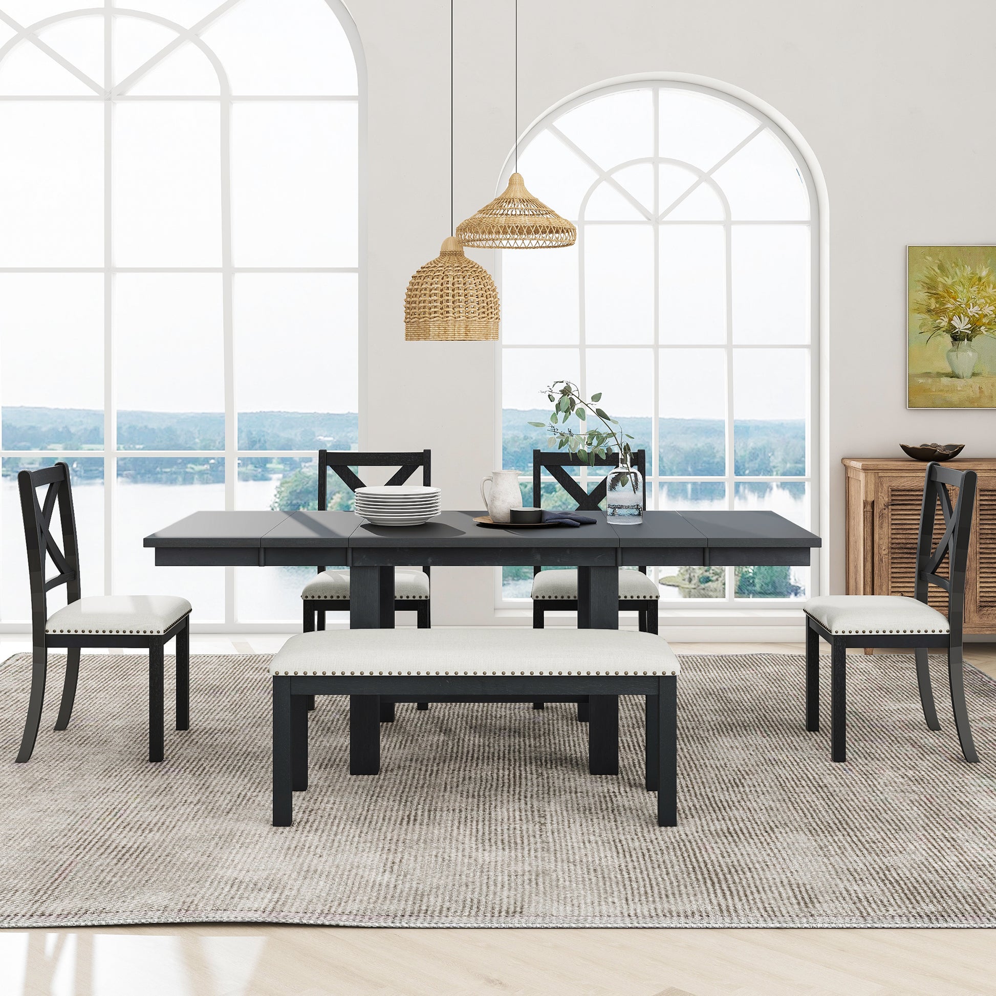 Farmhouse 82Inch 6 Piece Extendable Dining Table With Footrest, 4 Upholstered Dining Chairs And Dining Bench, Two 11"Removable Leaf, Black Beige Cushion Wood Dining Room Bench Seating Acacia