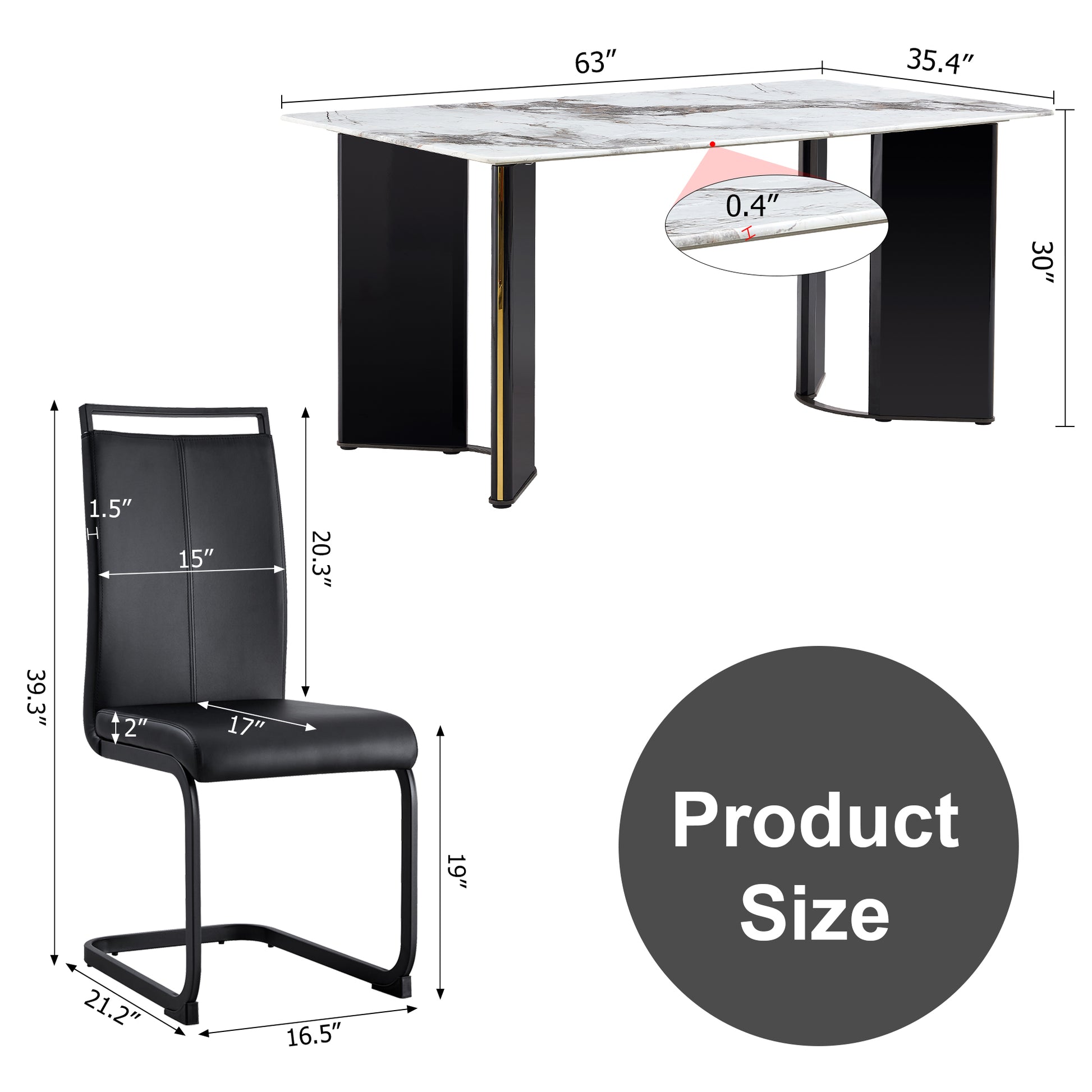 Table And Chair Set. 1 Table And 6 Chairs. Rectangular Dining Table, White Imitation Marble Tabletop, Mdf Table Legs With Gold Metal Decorative Strips. Equipped With White Black Leg Chairs F Hh White Mdf Glass