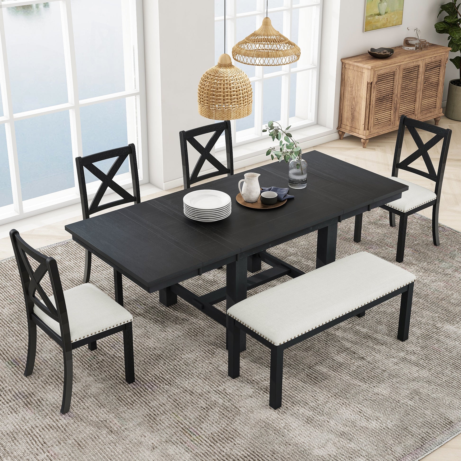 Farmhouse 82Inch 6 Piece Extendable Dining Table With Footrest, 4 Upholstered Dining Chairs And Dining Bench, Two 11"Removable Leaf, Black Beige Cushion Wood Dining Room Bench Seating Acacia