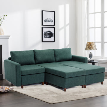 3 Seat Module Sectional Sofa Couch With 2 Ottoman For Living Room,Seat Cushion And Back Cushion Non Removable And Non Washable,Green Green Wood Primary Living Space Soft Modern Rubberwood Foam Linen 3 Seat