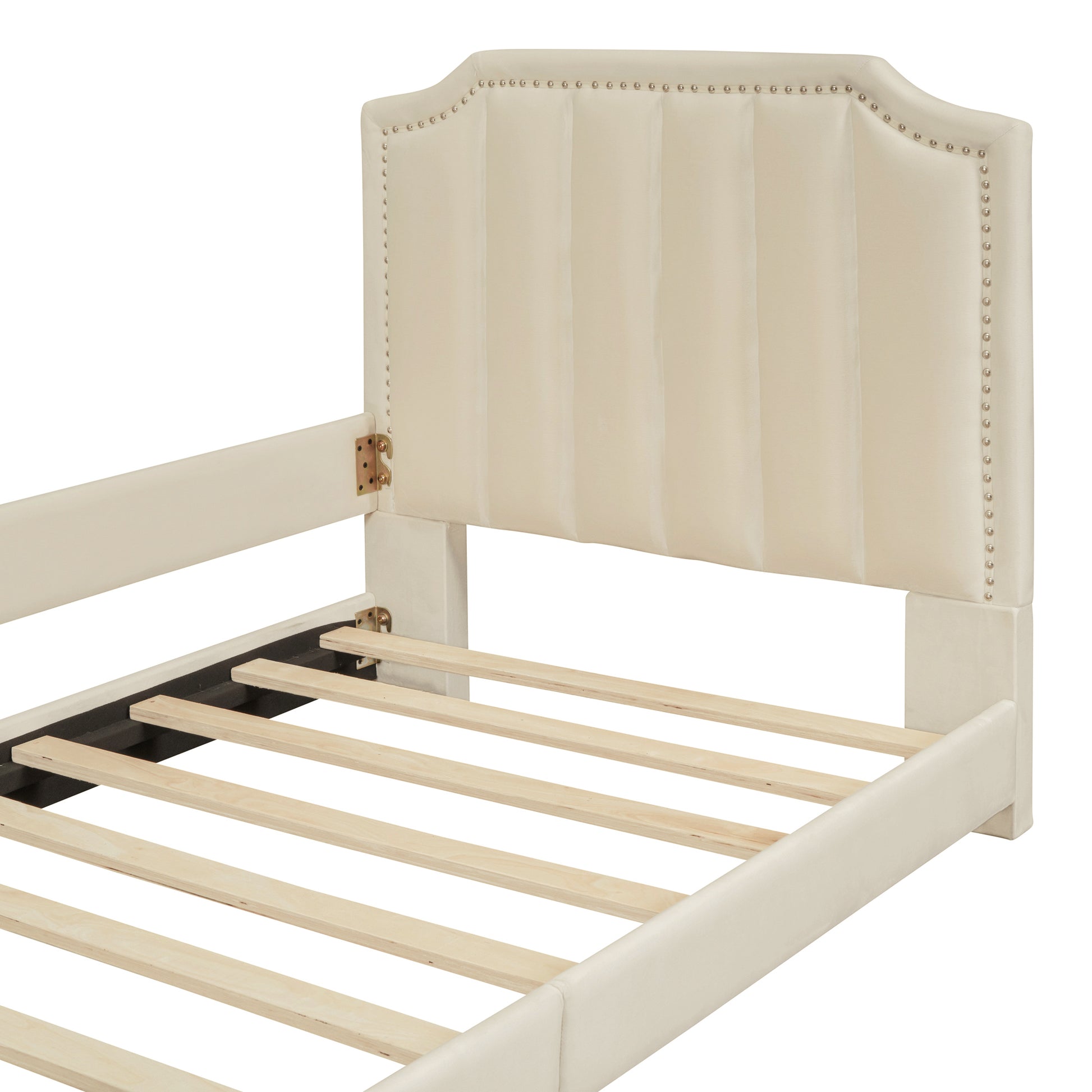 Twin Size Upholstered Daybed With Classic Stripe Shaped Headboard, Beige Beige Velvet