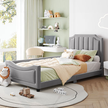 Twin Size Upholstered Daybed With Classic Stripe Shaped Headboard, Gray Gray Velvet