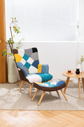 Modern Patchwork Accent Chair With Solid Wood Armrest And Feet, Mid Century Modern Accent Sofa, Fabric Sofa Chair For Living Room Bedroom Studio, Comfy Side Armchair For Bed Antique Blue Foam Linen