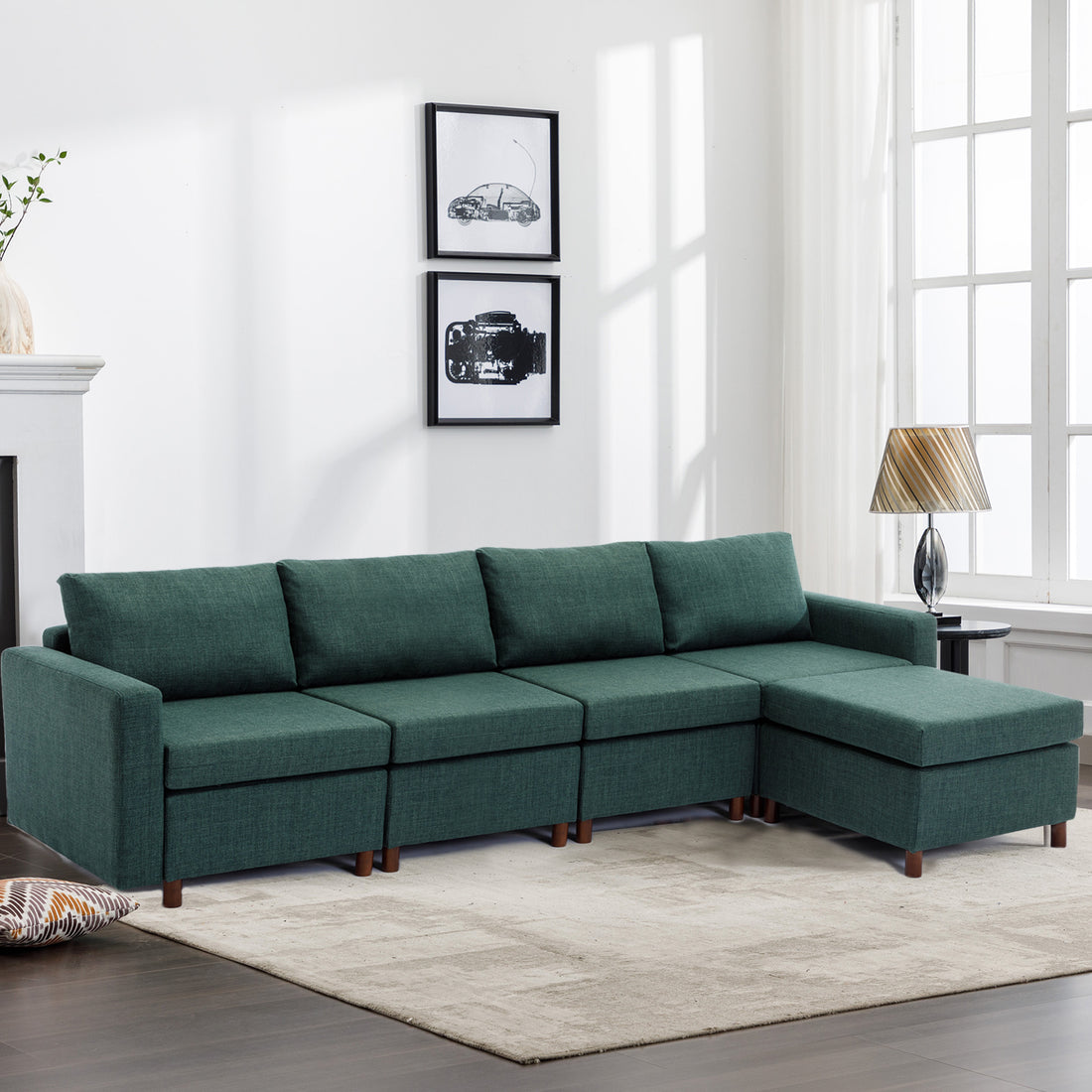 4 Seat Module Sectional Sofa Couch With 1 Ottoman For Living Room,Seat Cushion And Back Cushion Non Removable And Non Washable,Green Green Wood Primary Living Space Soft Modern Rubberwood Foam Linen 4 Seat