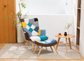 Modern Patchwork Accent Chair With Solid Wood Armrest And Feet, Mid Century Modern Accent Sofa, Fabric Sofa Chair For Living Room Bedroom Studio, Comfy Side Armchair For Bed Antique Blue Foam Linen