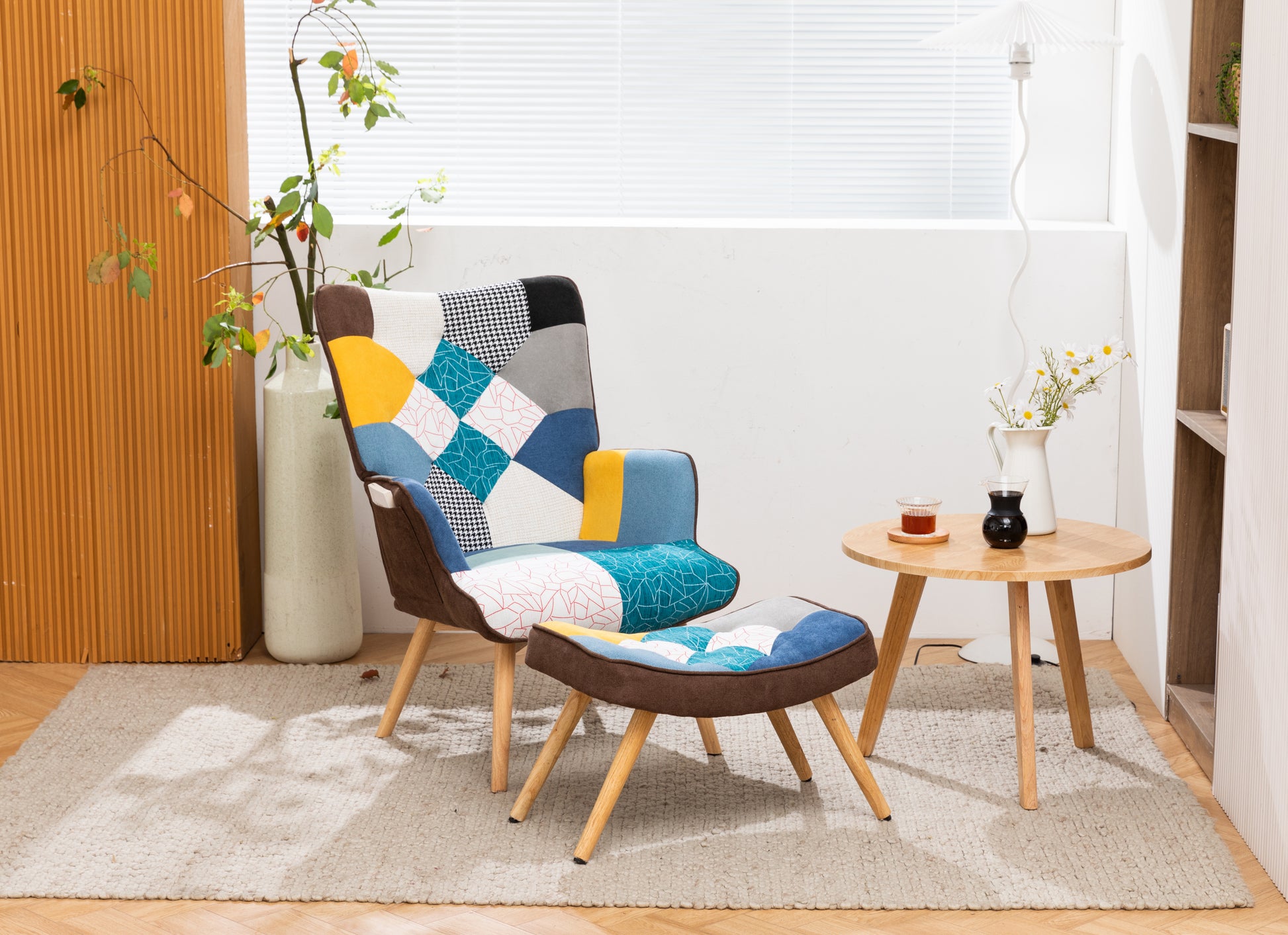 Modern Patchwork Accent Chair With Solid Wood Armrest And Feet, Mid Century Modern Accent Sofa, Fabric Sofa Chair For Living Room Bedroom Studio, Comfy Side Armchair For Bed Antique Blue Foam Linen